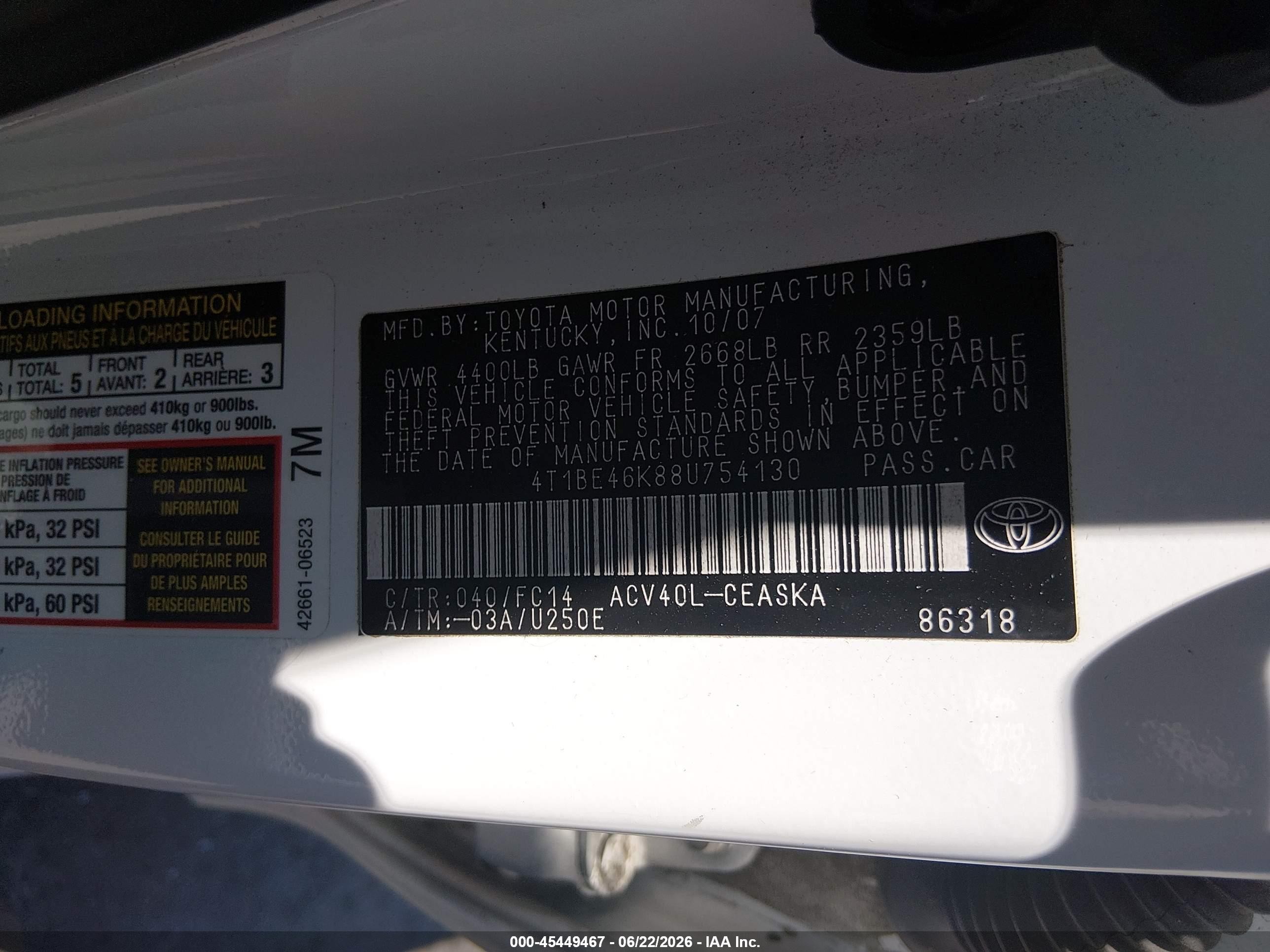 2008 Toyota Camry Se White vin: 4T1BE46K88U754130