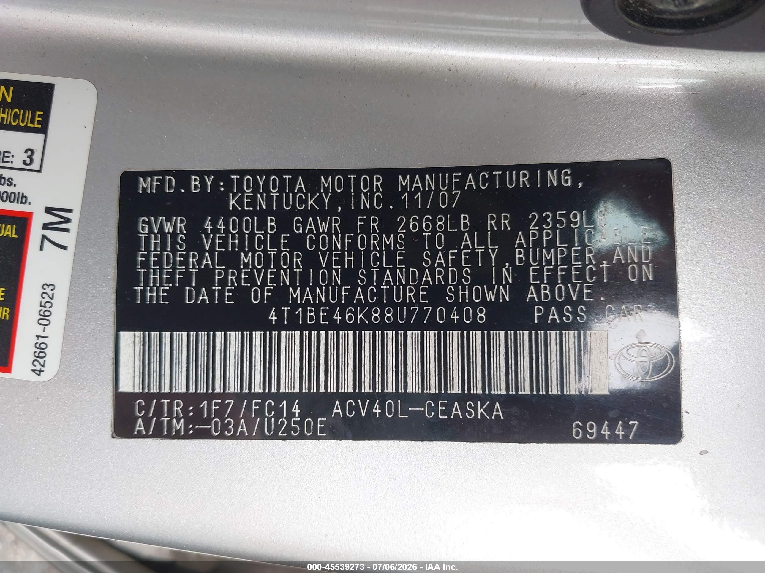 2008 Toyota Camry Ce/le/xle/se Silver vin: 4T1BE46K88U770408