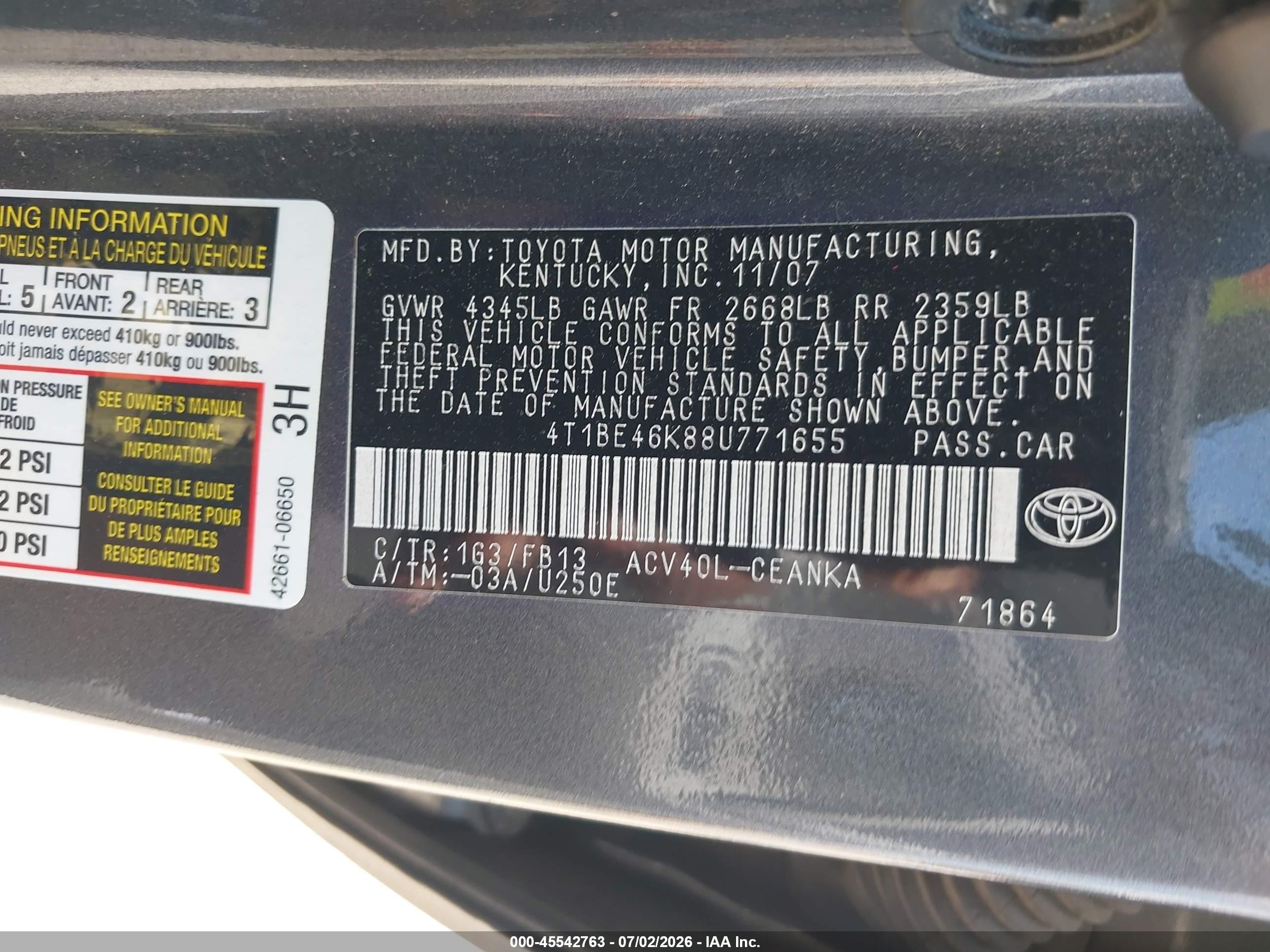 2008 Toyota Camry Le Gray vin: 4T1BE46K88U771655