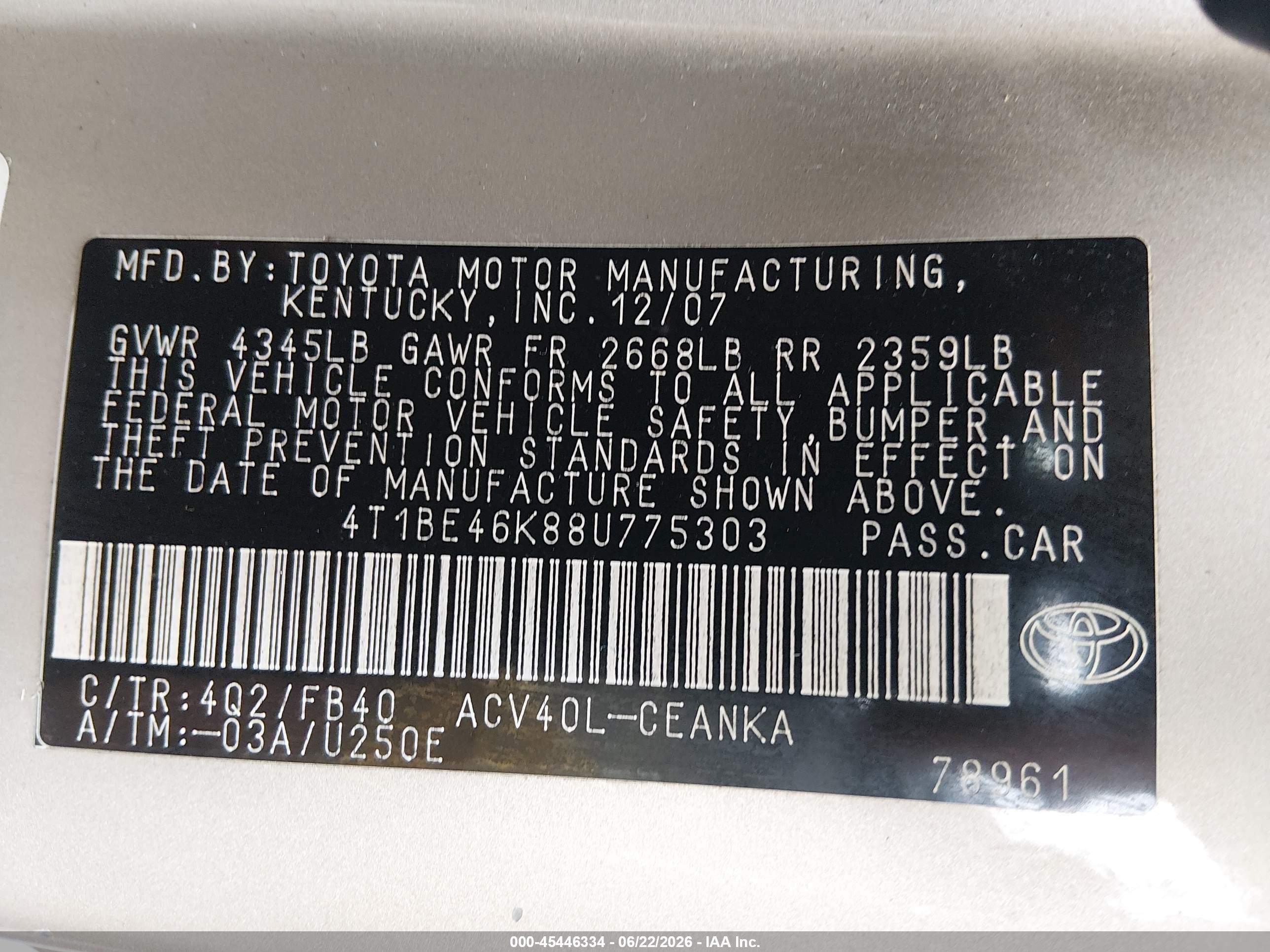 2008 Toyota Camry Le Золотой vin: 4T1BE46K88U775303