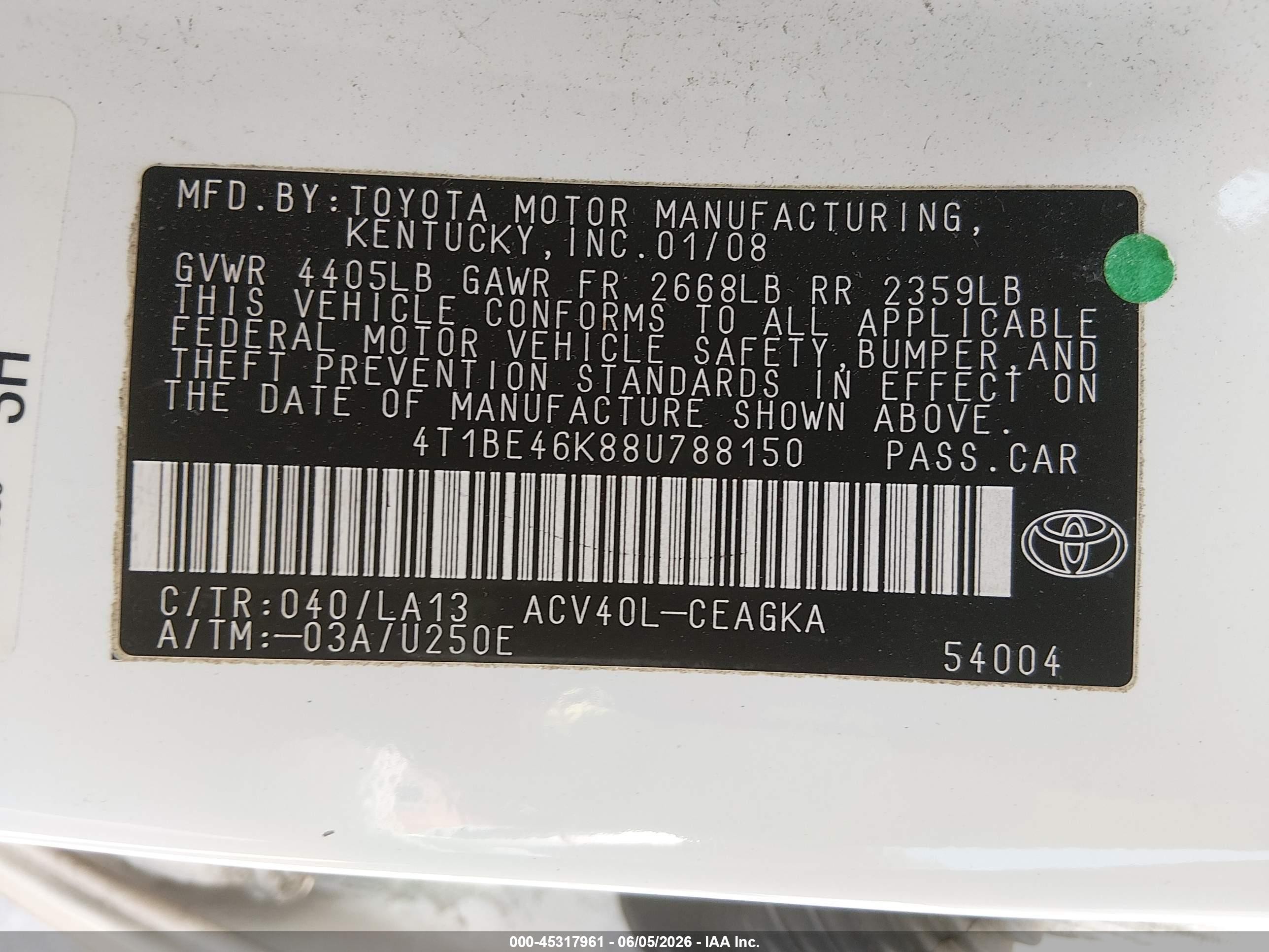 2008 Toyota Camry Xle White vin: 4T1BE46K88U788150