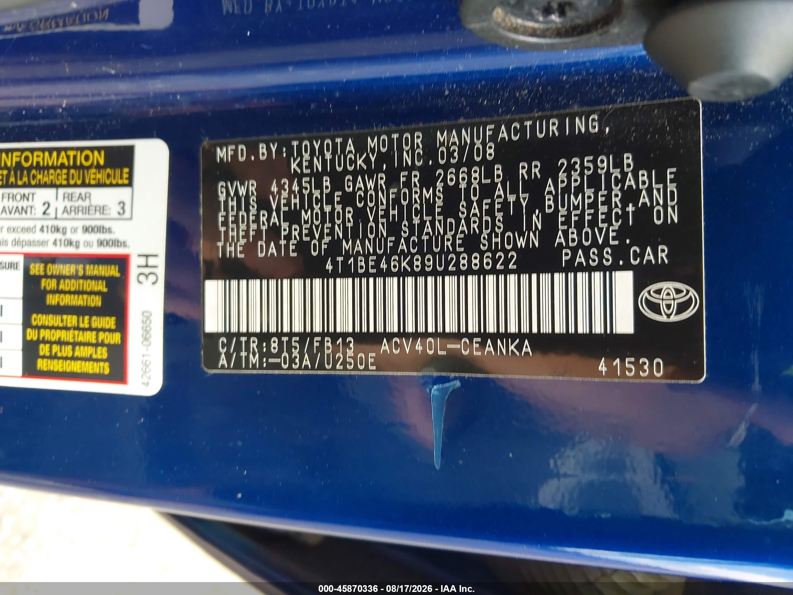 2009 Toyota Camry   Blue vin: 4T1BE46K89U288622