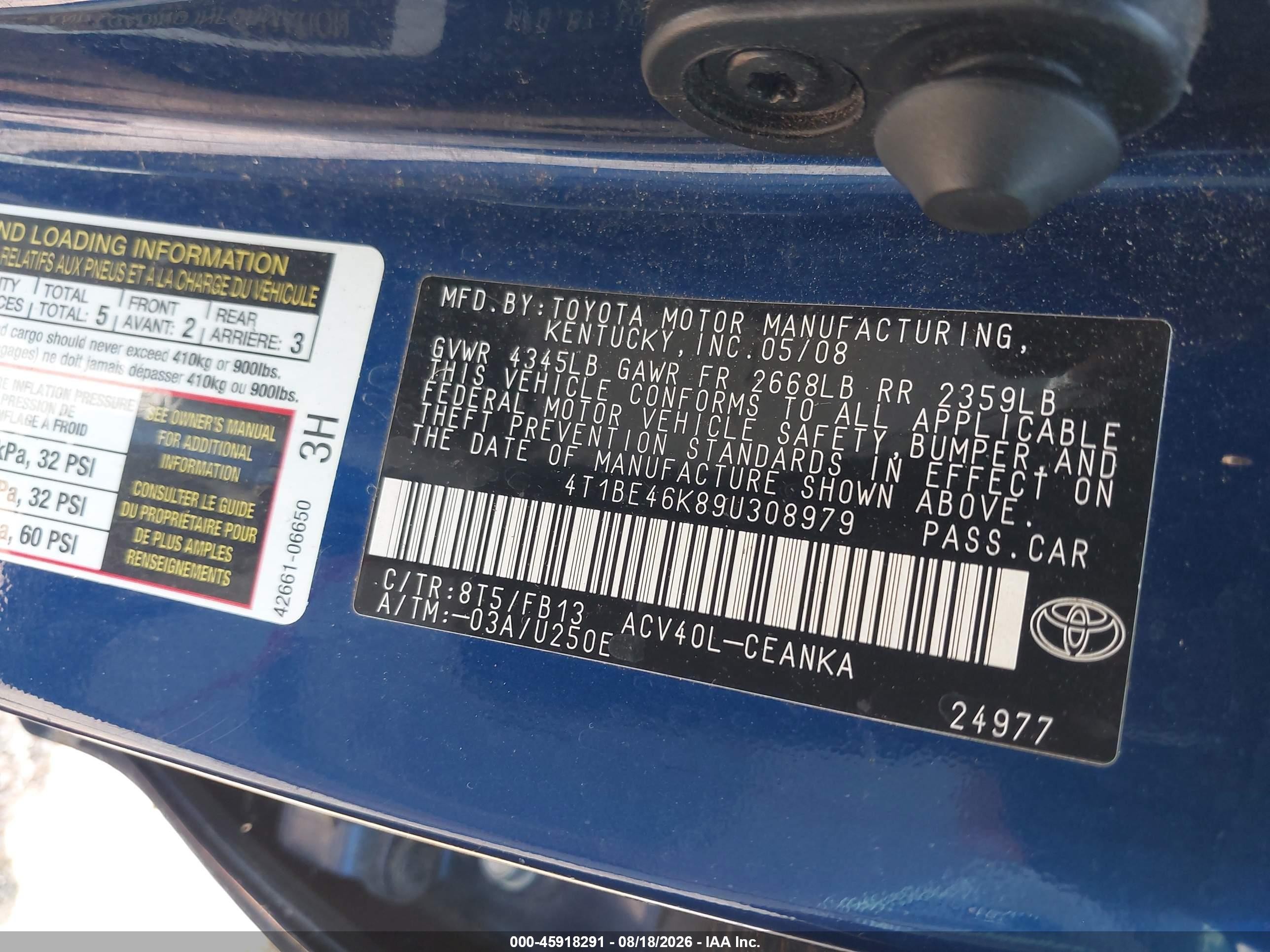 2009 Toyota Camry   Blue vin: 4T1BE46K89U308979
