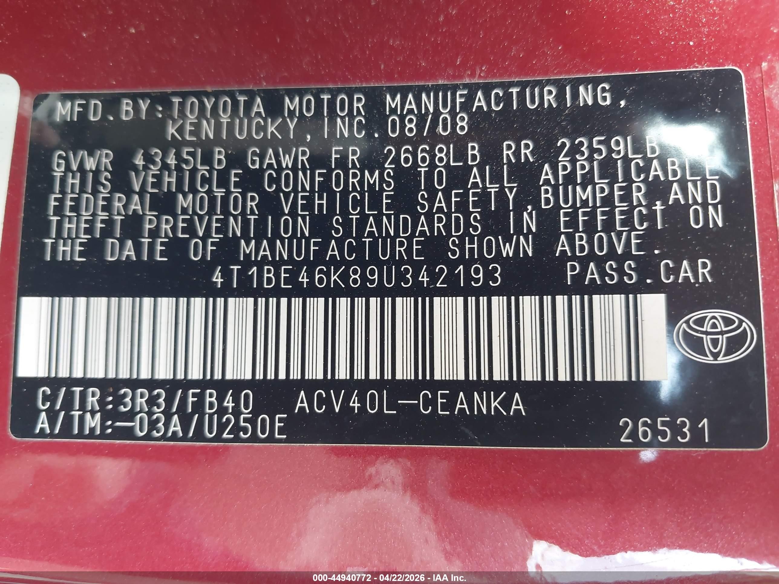 2009 Toyota Camry Le Red vin: 4T1BE46K89U342193