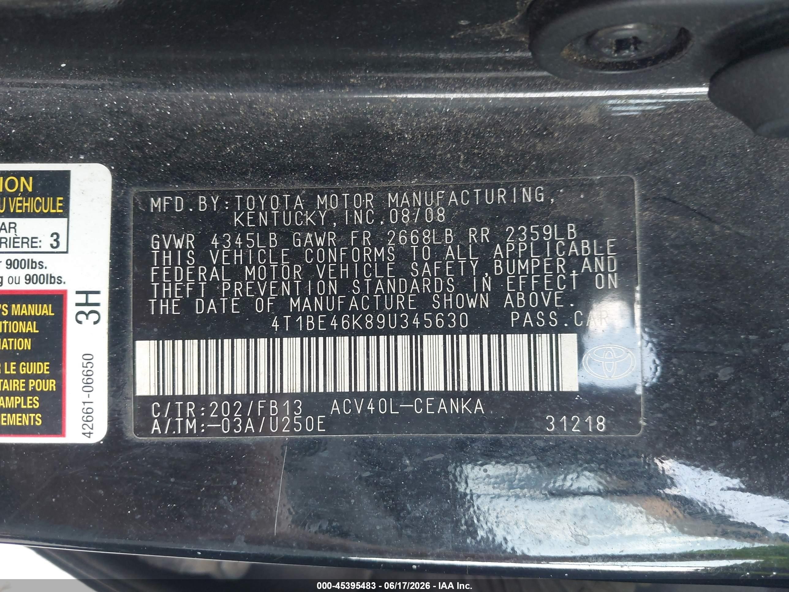 2009 Toyota Camry Le Black vin: 4T1BE46K89U345630