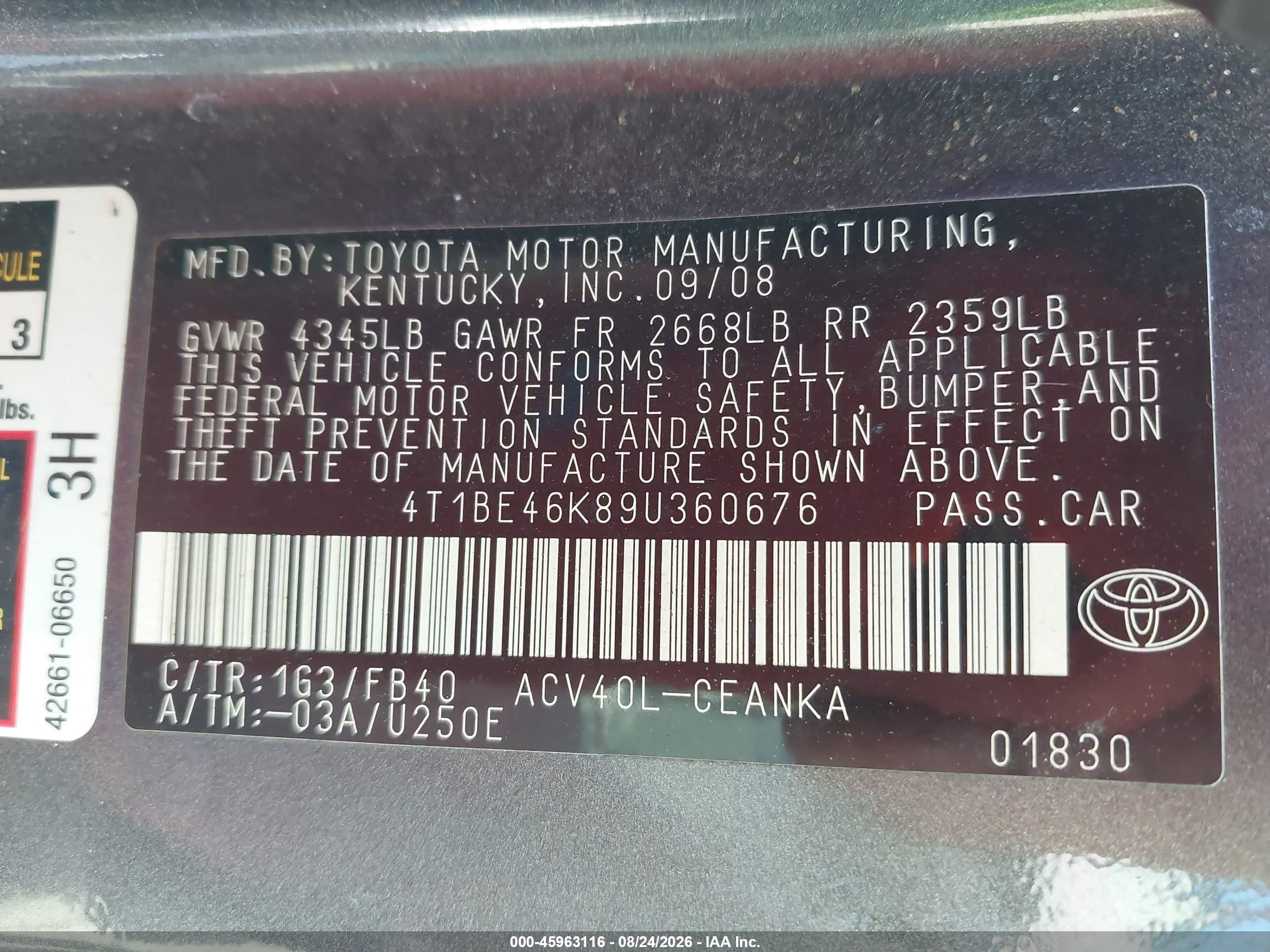 2009 Toyota Camry Le Gray vin: 4T1BE46K89U360676