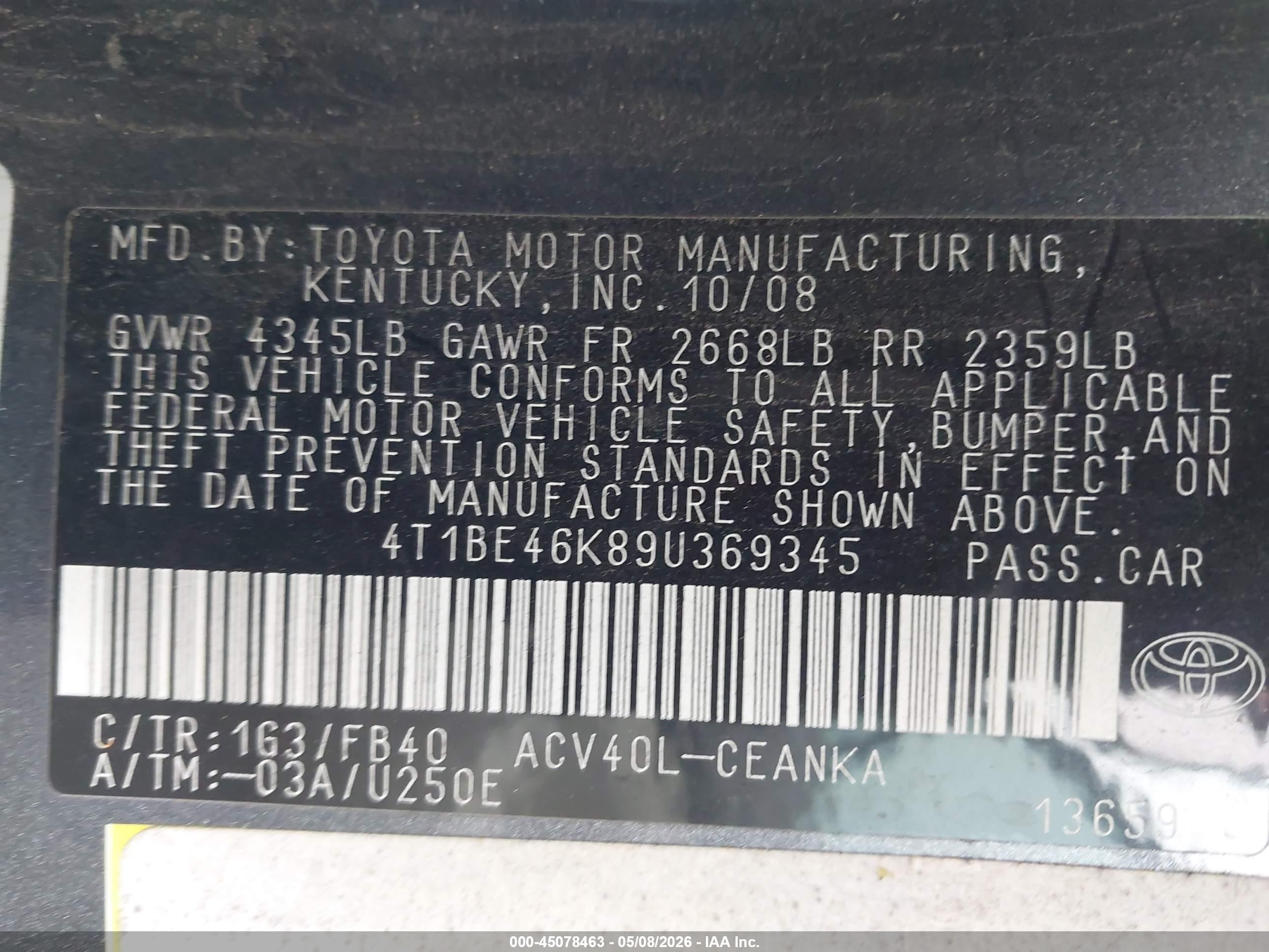 2009 Toyota Camry Le Gray vin: 4T1BE46K89U369345