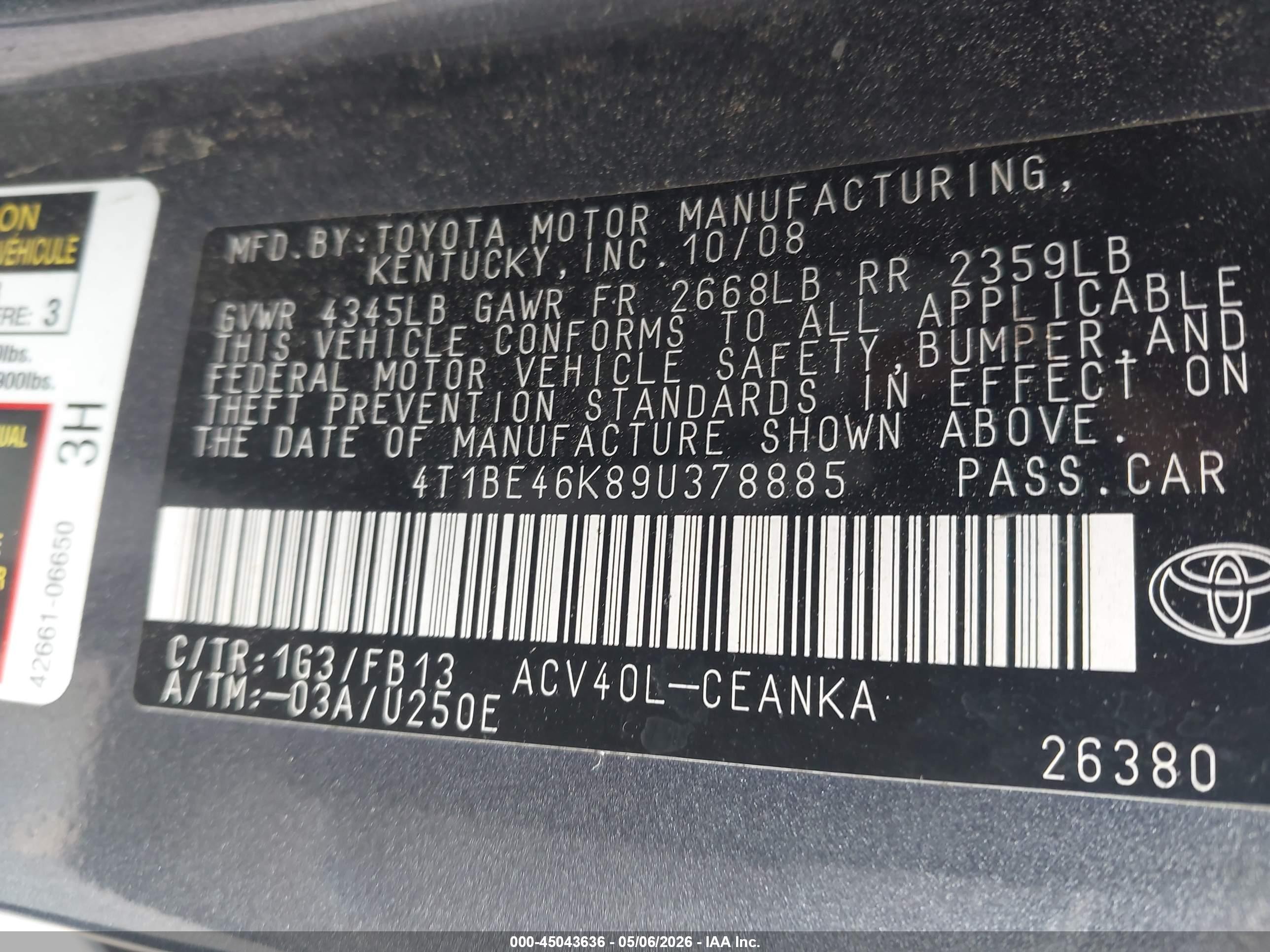2009 Toyota Camry Le Gray vin: 4T1BE46K89U378885