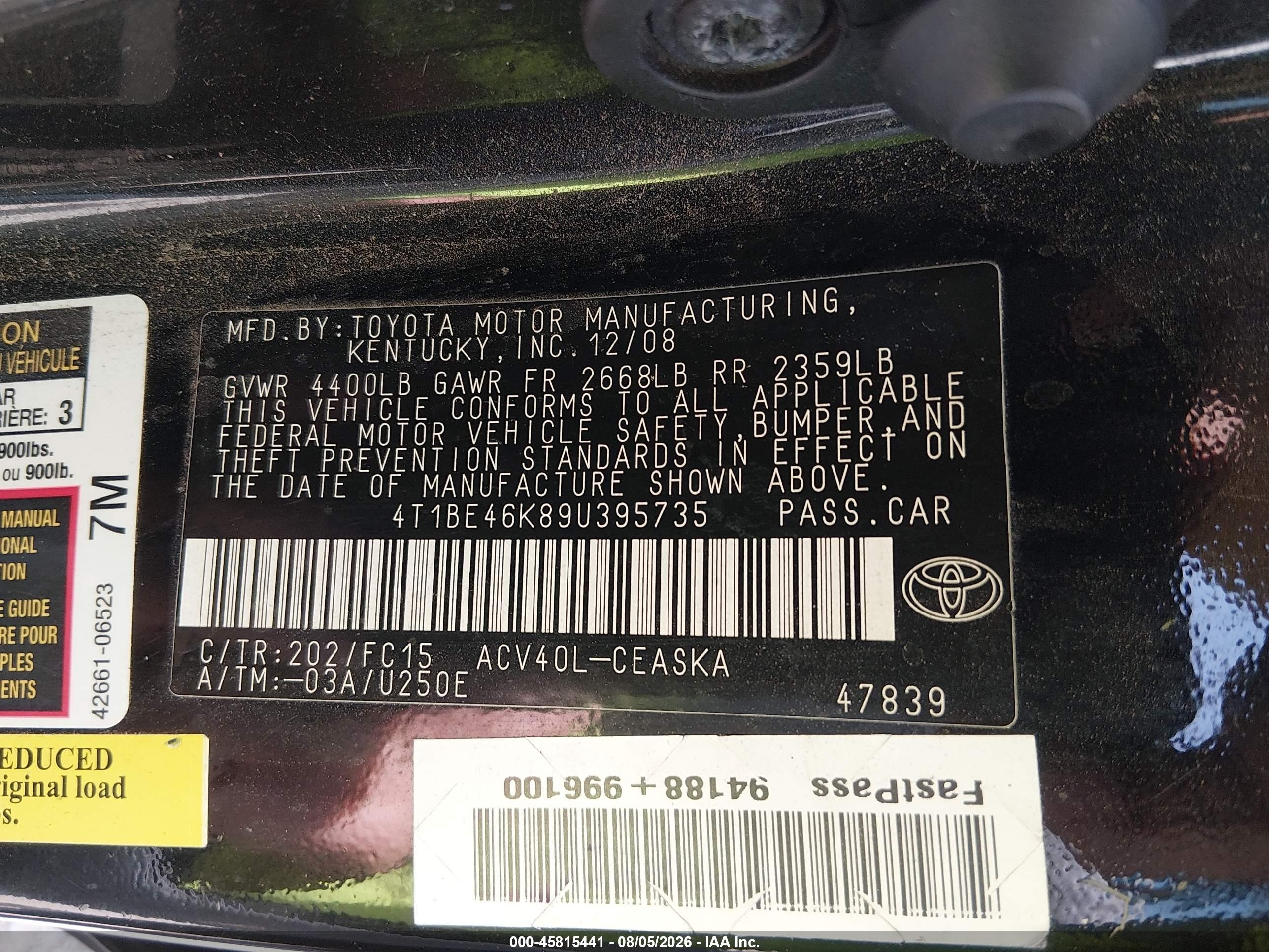2009 Toyota Camry Se Black vin: 4T1BE46K89U395735