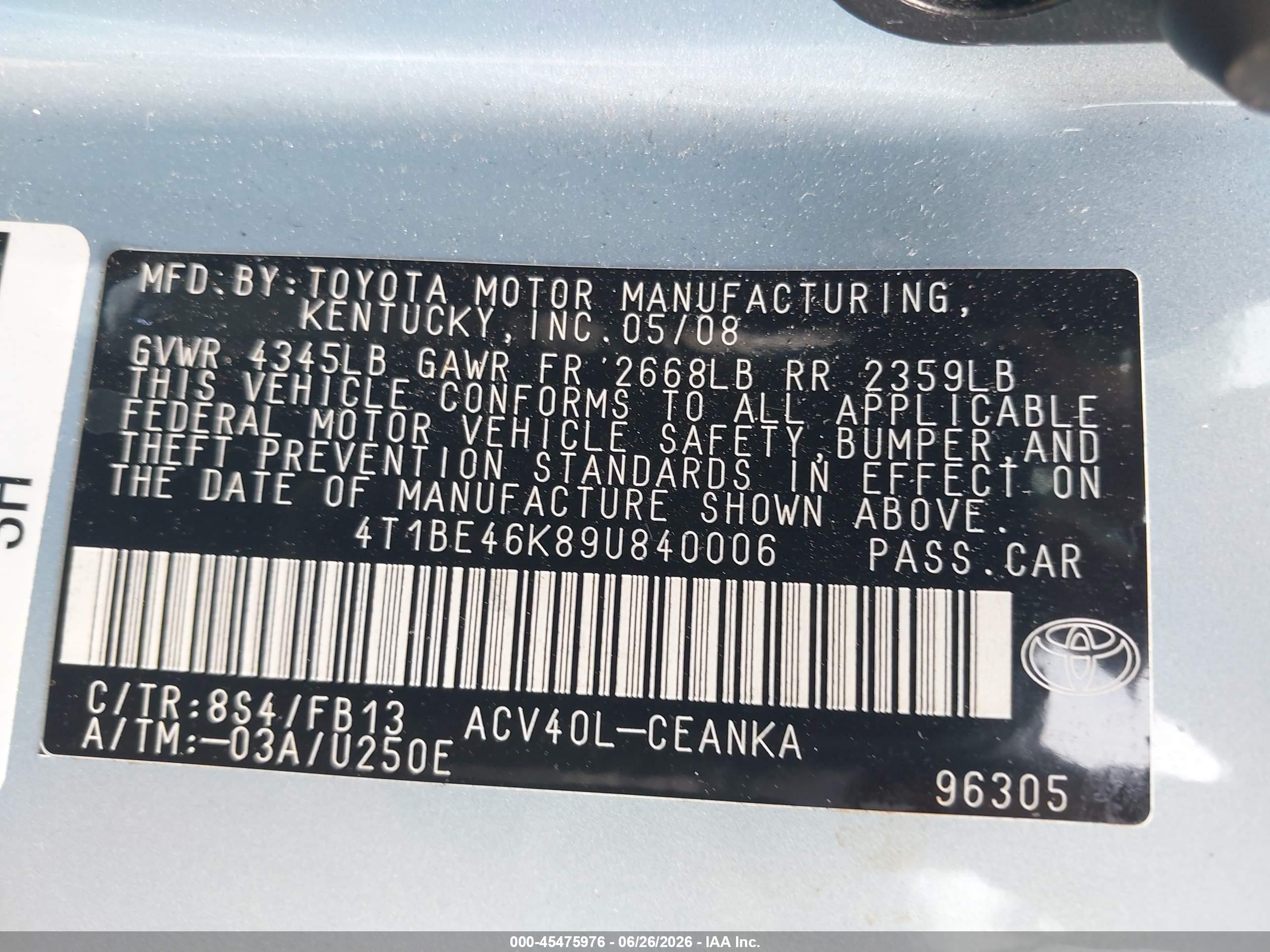 2009 Toyota Camry Le Blue vin: 4T1BE46K89U840006