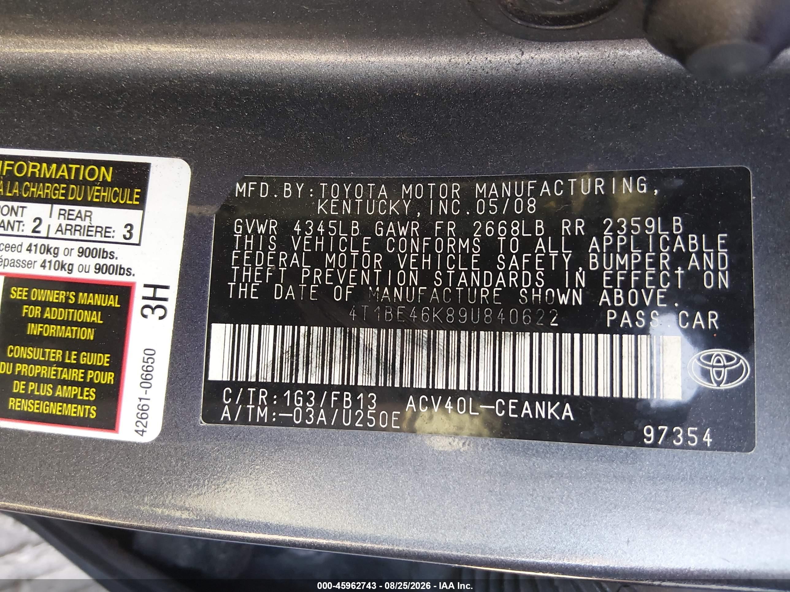 2009 Toyota Camry Le Серый vin: 4T1BE46K89U840622