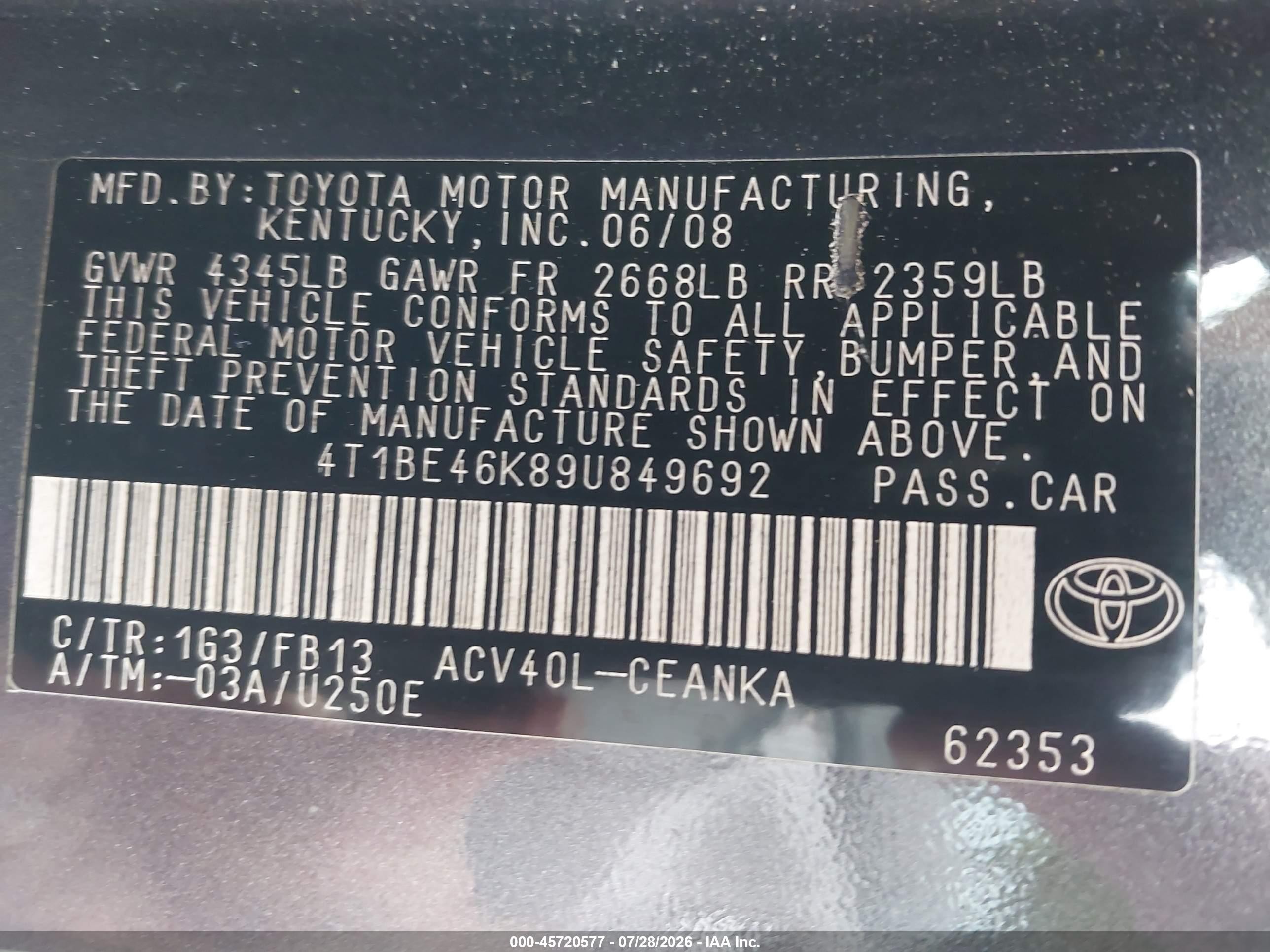 2009 Toyota Camry Le Gray vin: 4T1BE46K89U849692