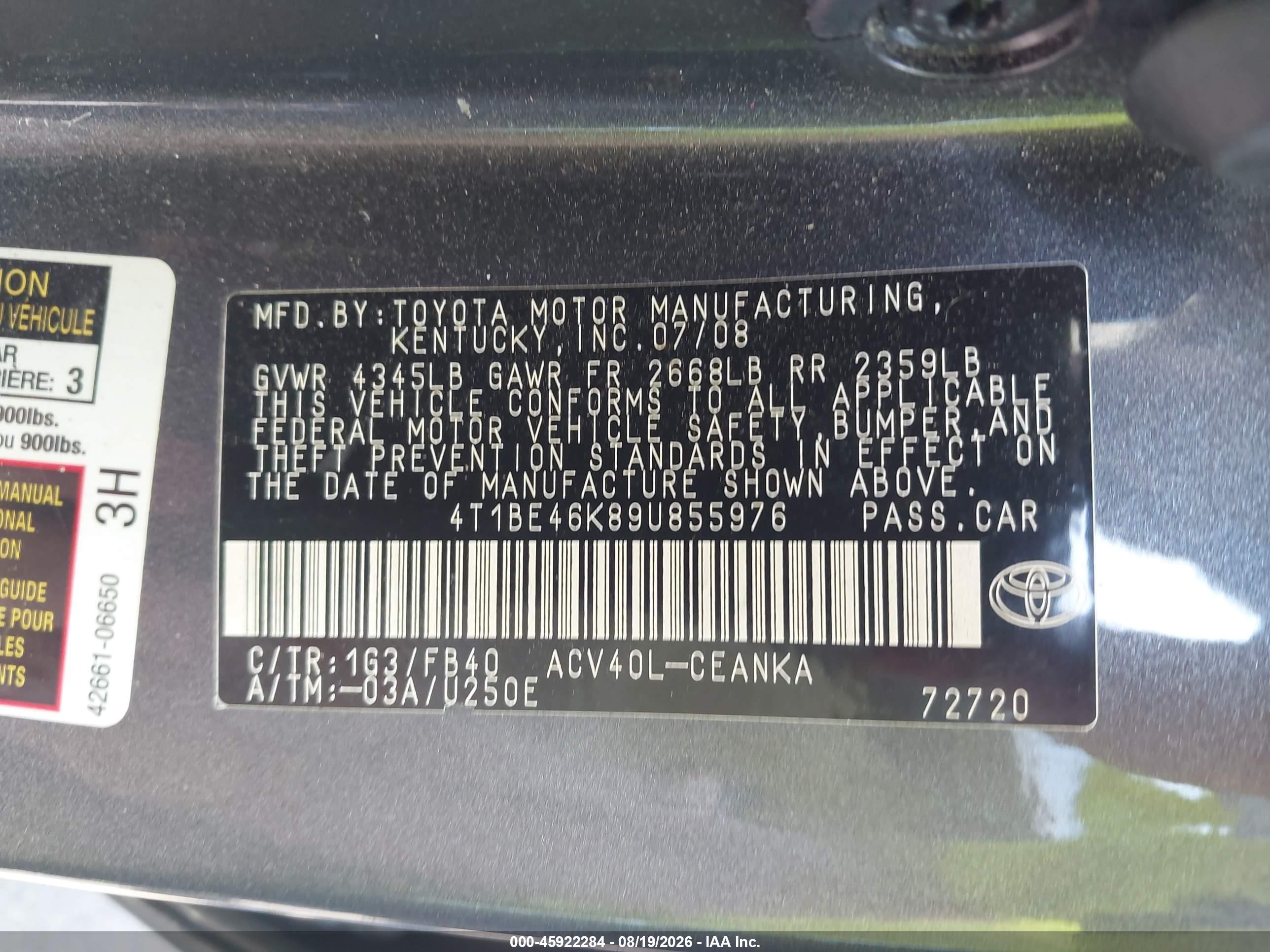 2009 Toyota Camry Le Серый vin: 4T1BE46K89U855976