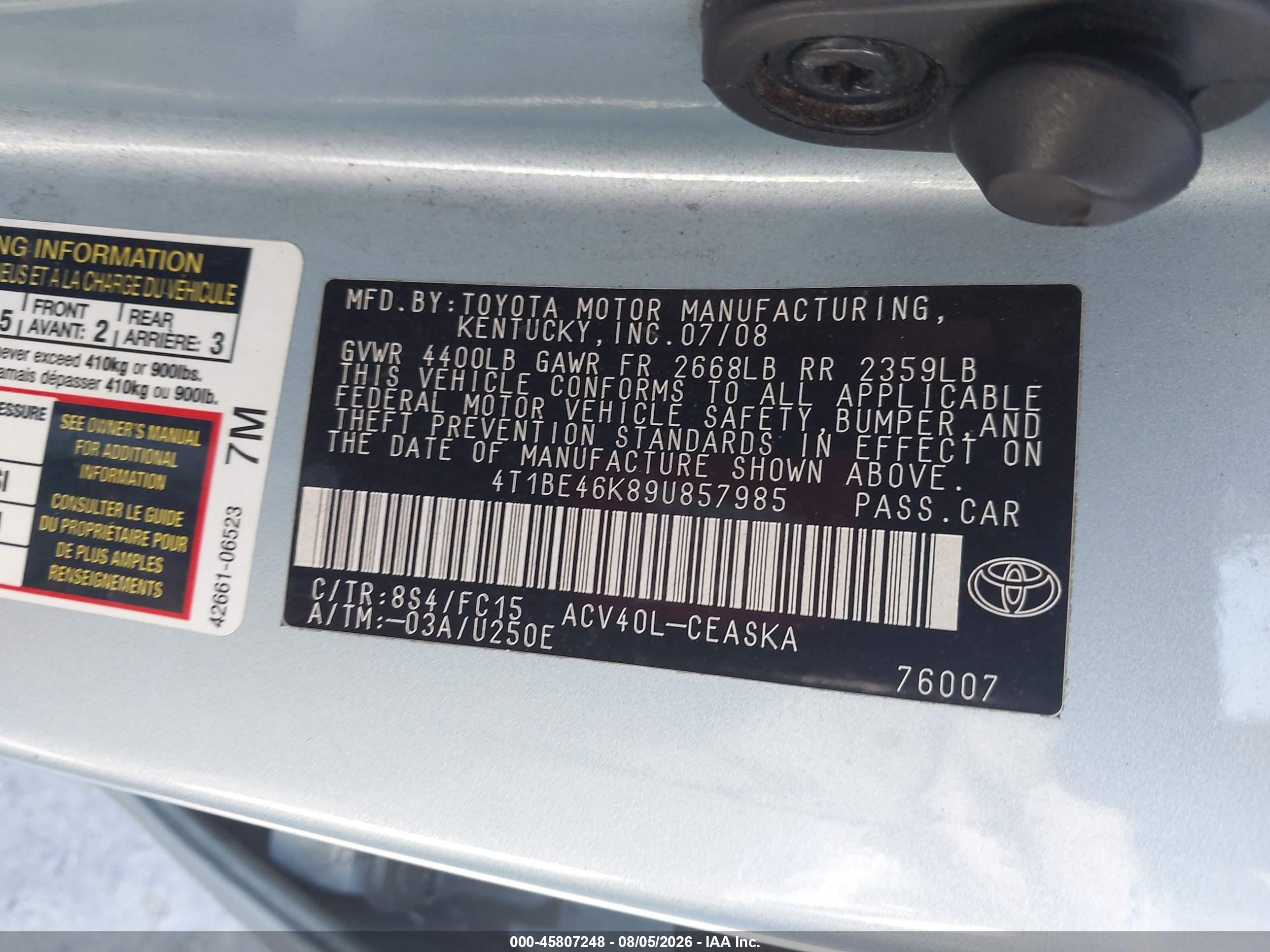 2009 Toyota Camry Se Light Blue vin: 4T1BE46K89U857985