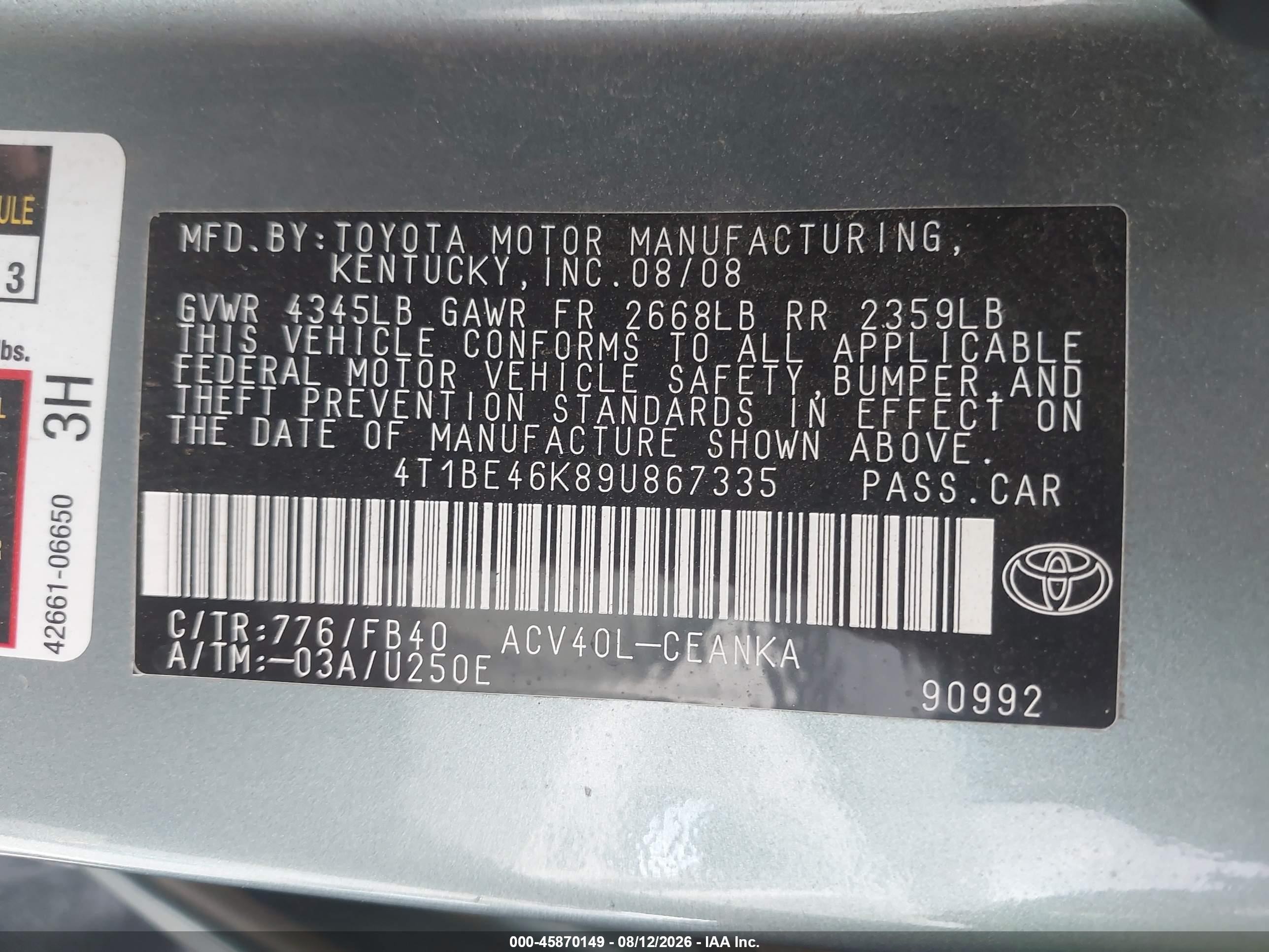 2009 Toyota Camry Le Синий vin: 4T1BE46K89U867335