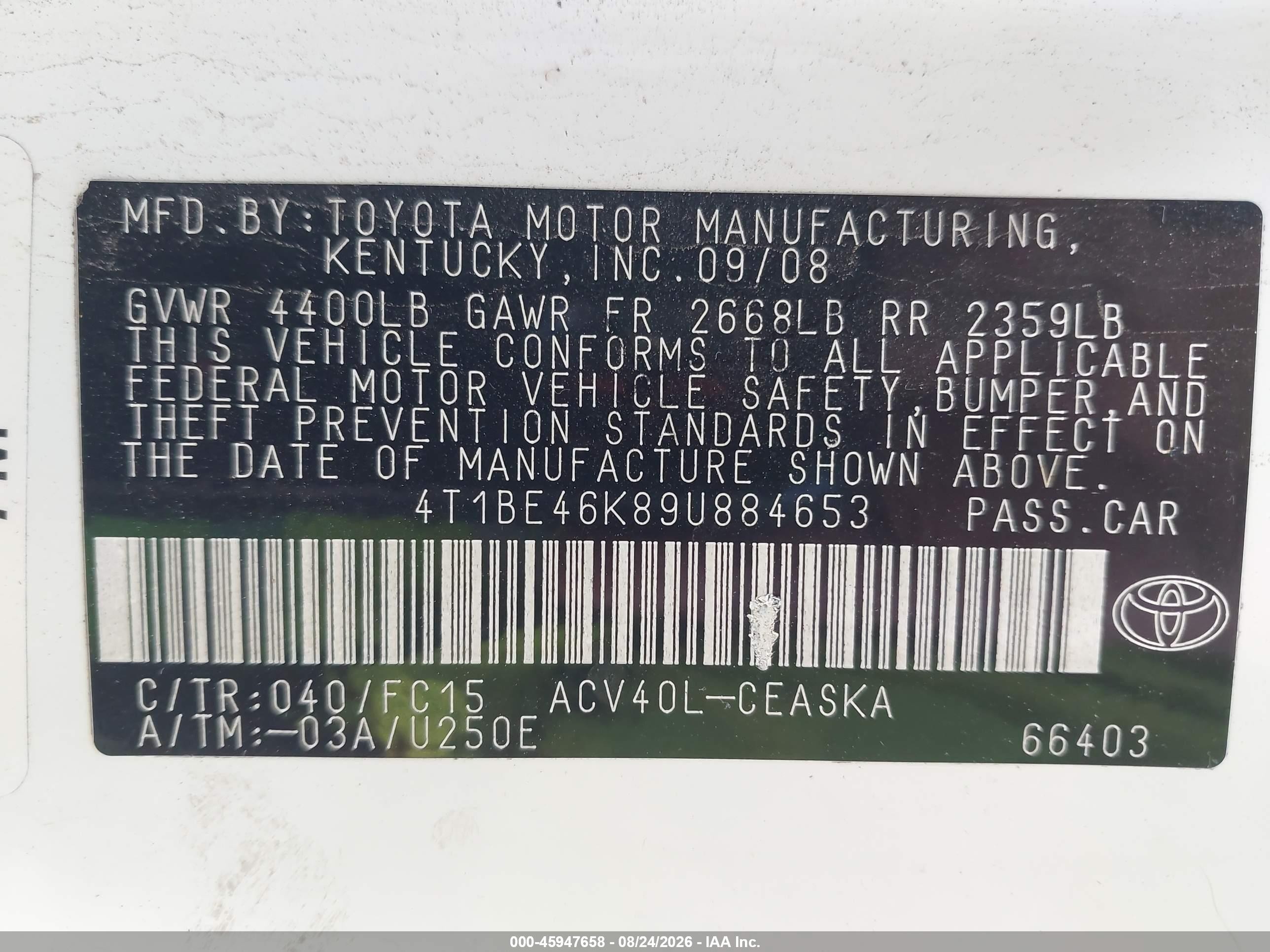 2009 Toyota Camry Se White vin: 4T1BE46K89U884653