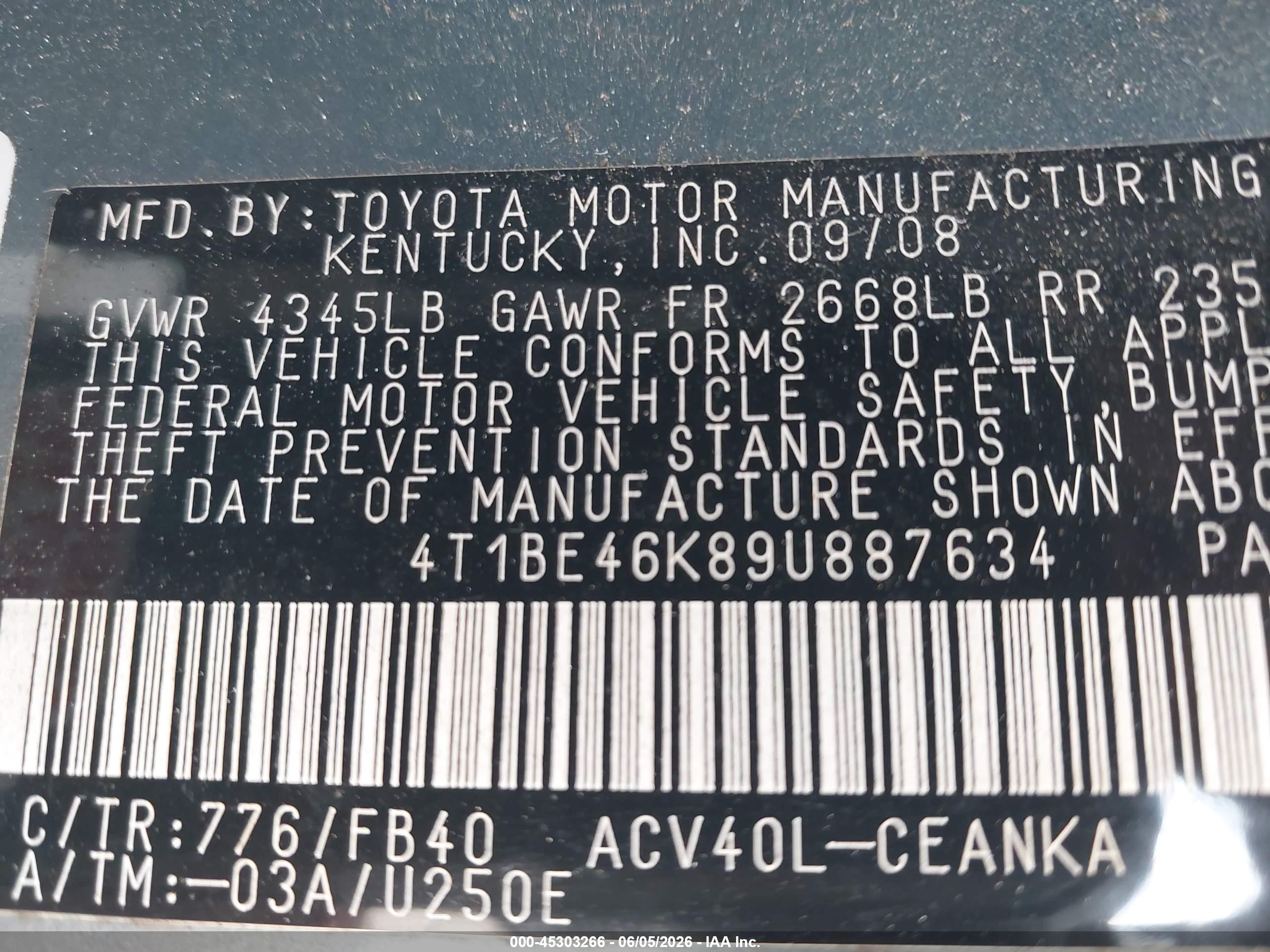 2009 Toyota Camry Le Teal vin: 4T1BE46K89U887634