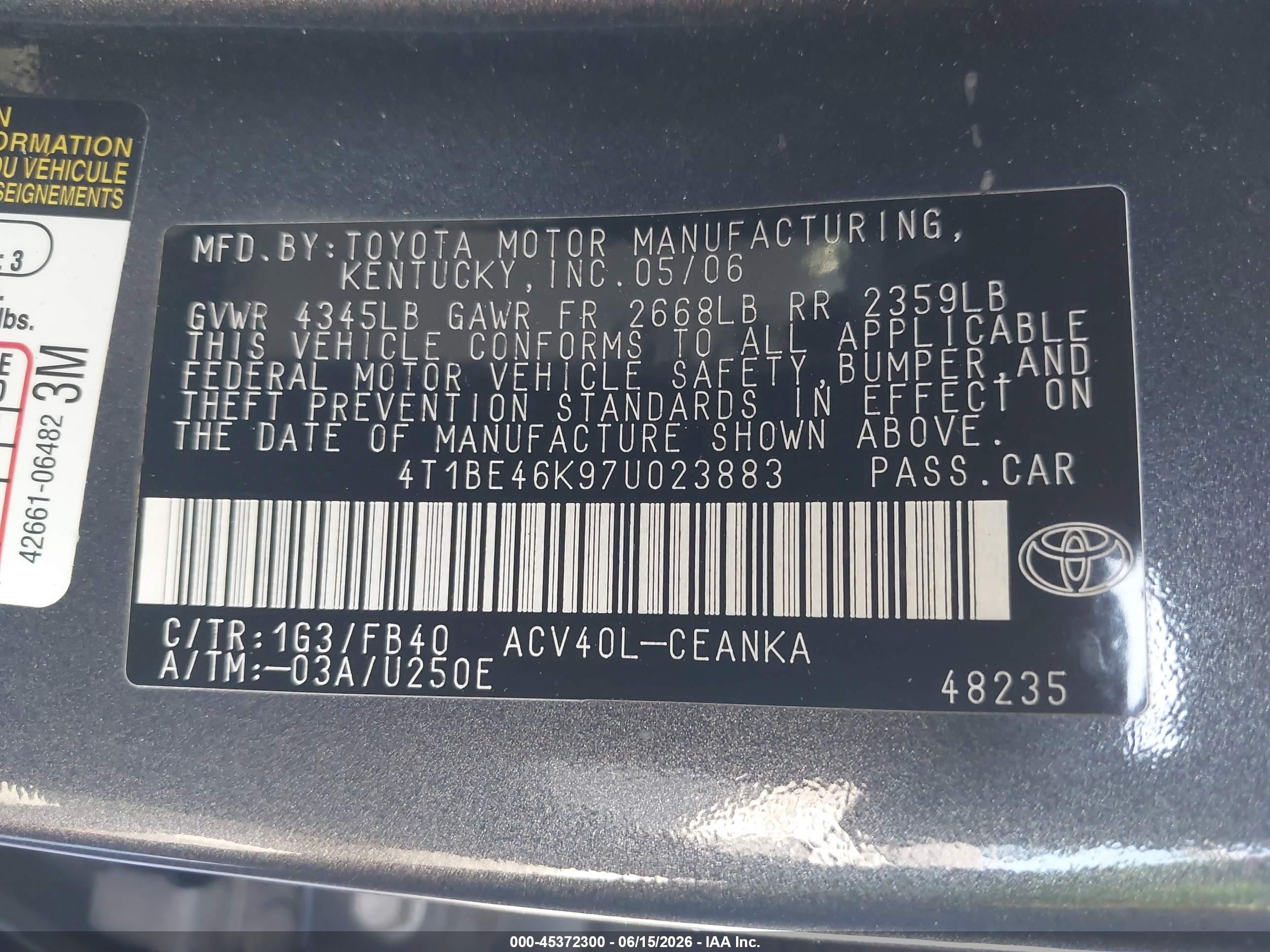 2007 Toyota Camry Le Gray vin: 4T1BE46K97U023883
