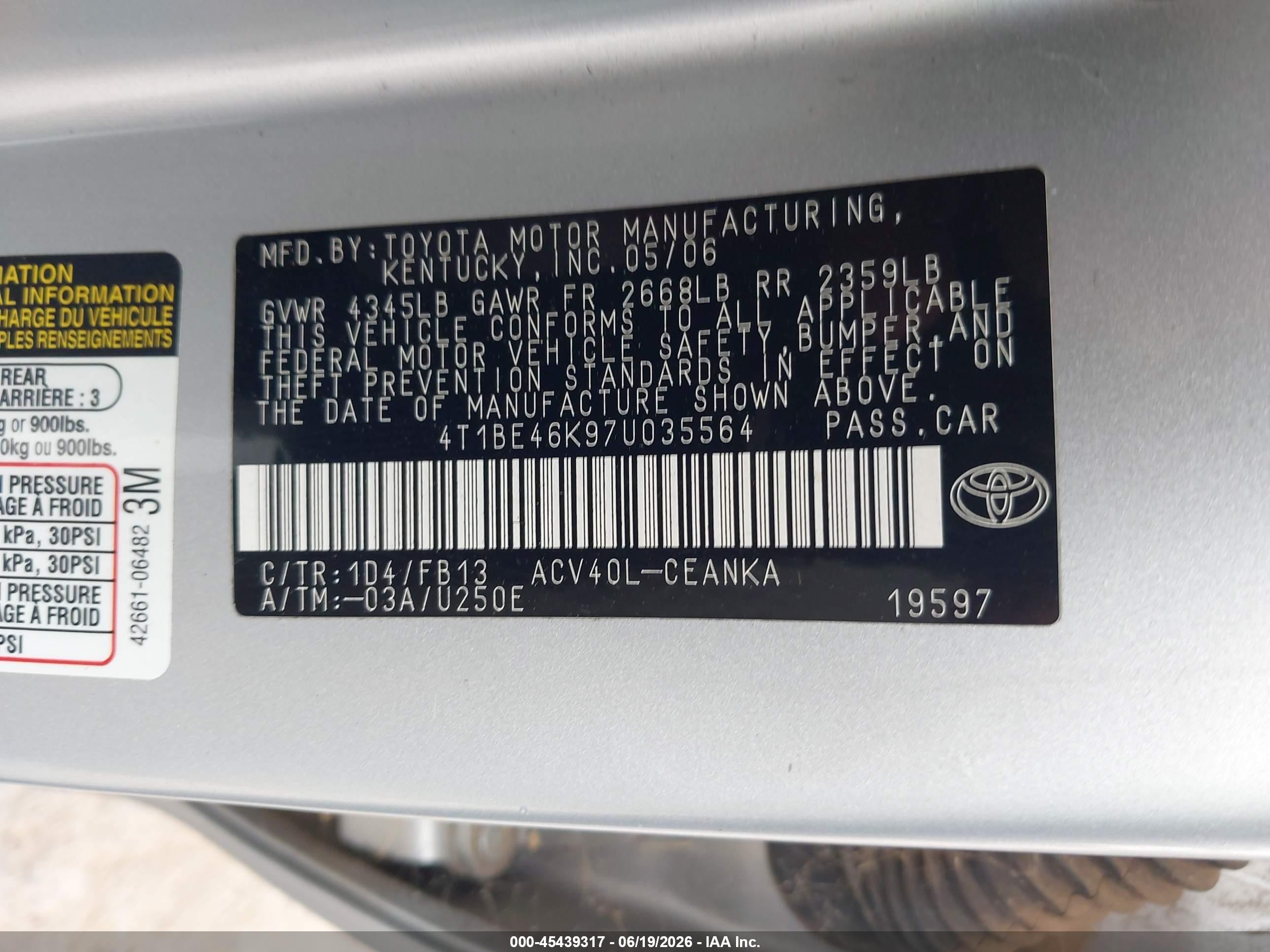 2007 Toyota Camry Le Silver vin: 4T1BE46K97U035564
