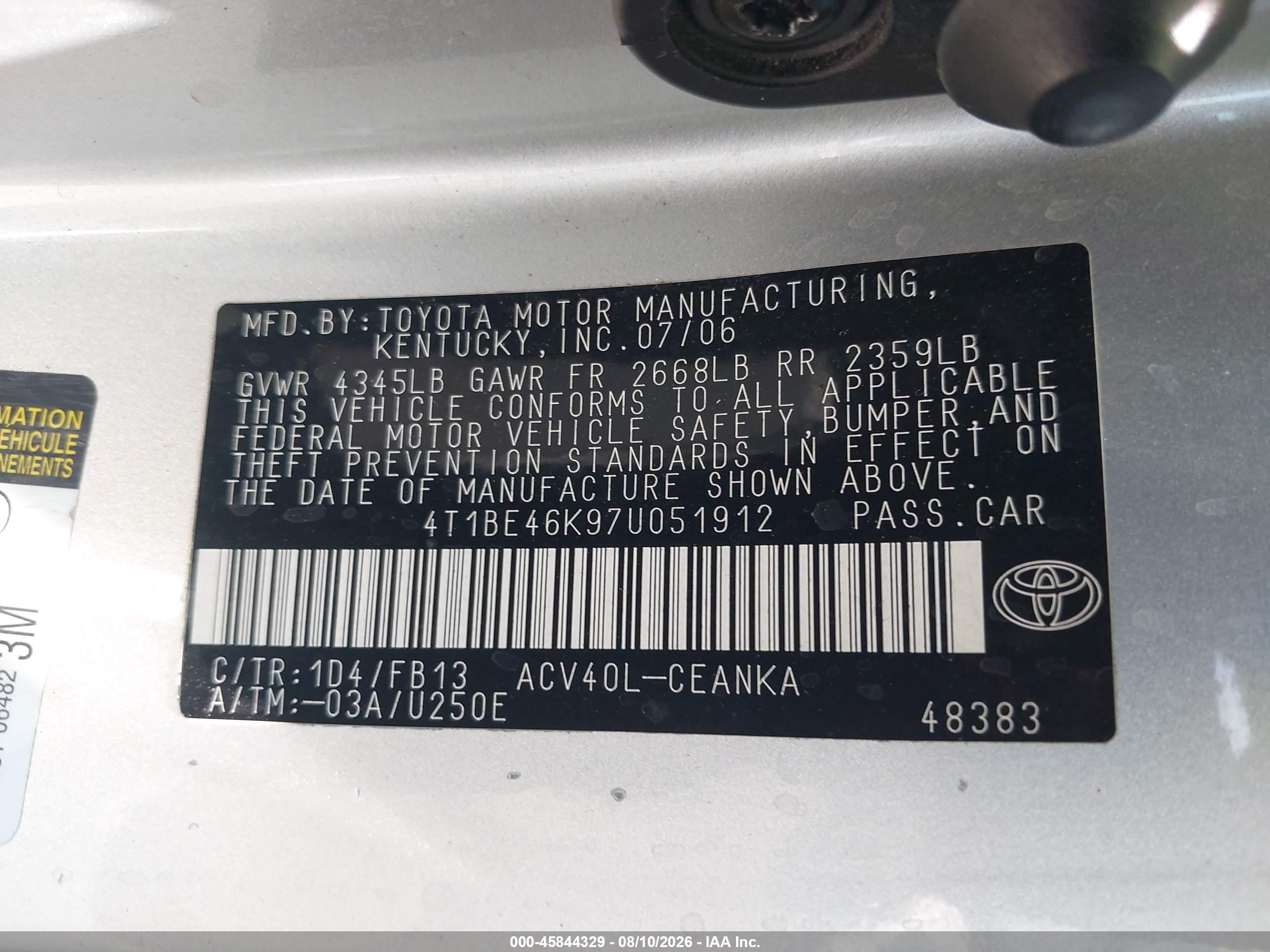 2007 Toyota Camry Le Silver vin: 4T1BE46K97U051912