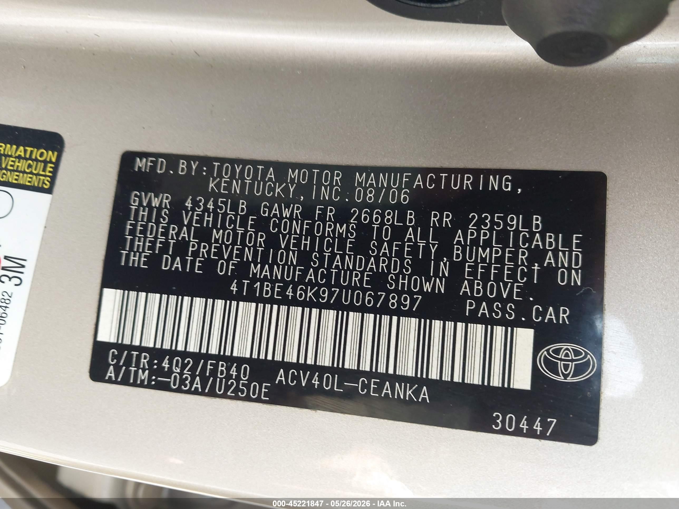 2007 Toyota Camry Le Gold vin: 4T1BE46K97U067897