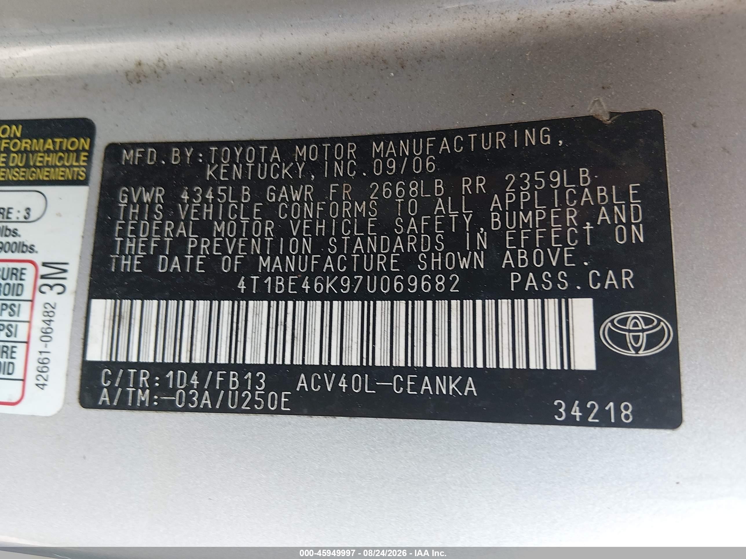 2007 Toyota Camry Le Серебряный vin: 4T1BE46K97U069682