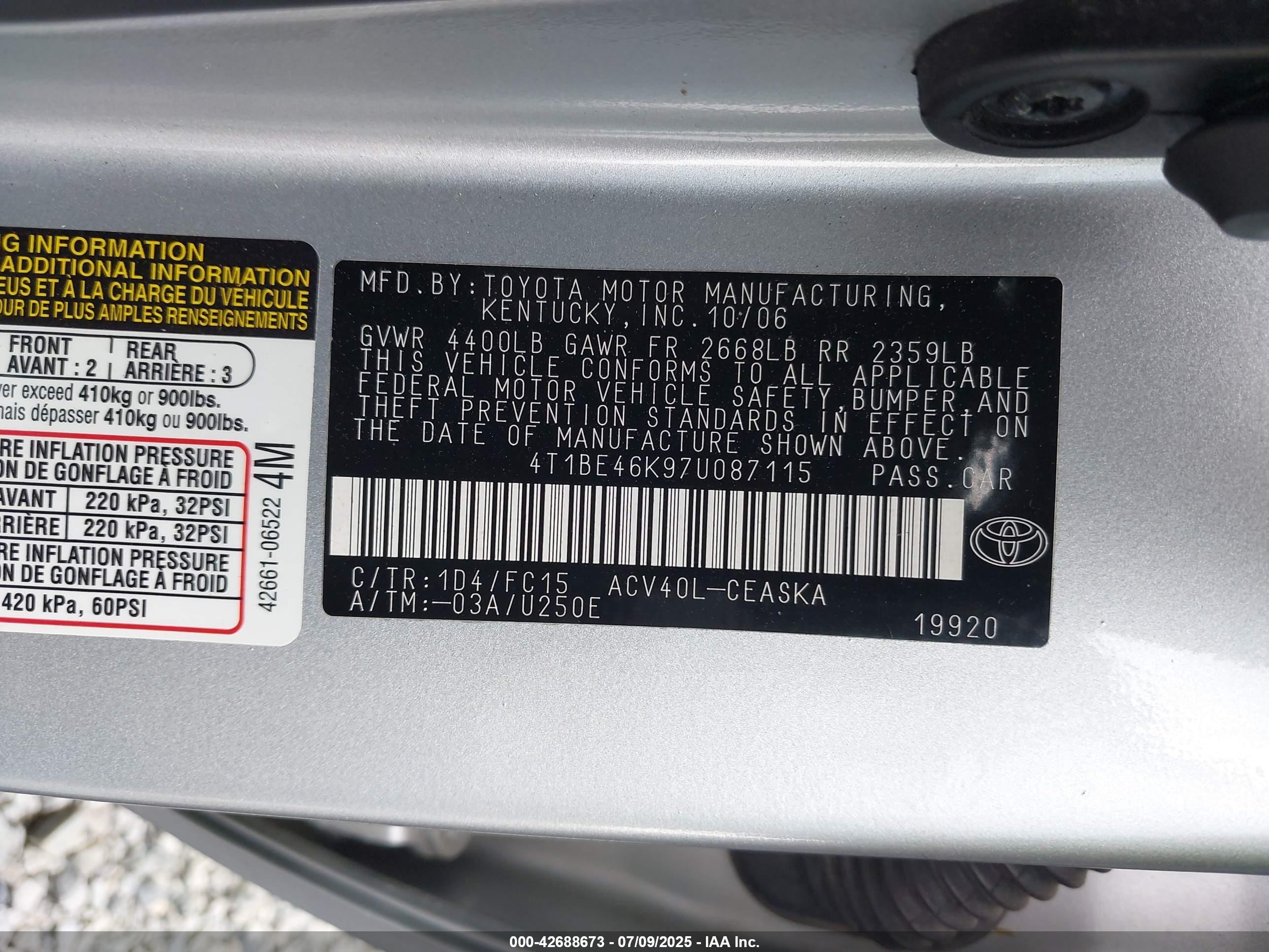 2007 Toyota Camry Se Silver vin: 4T1BE46K97U087115