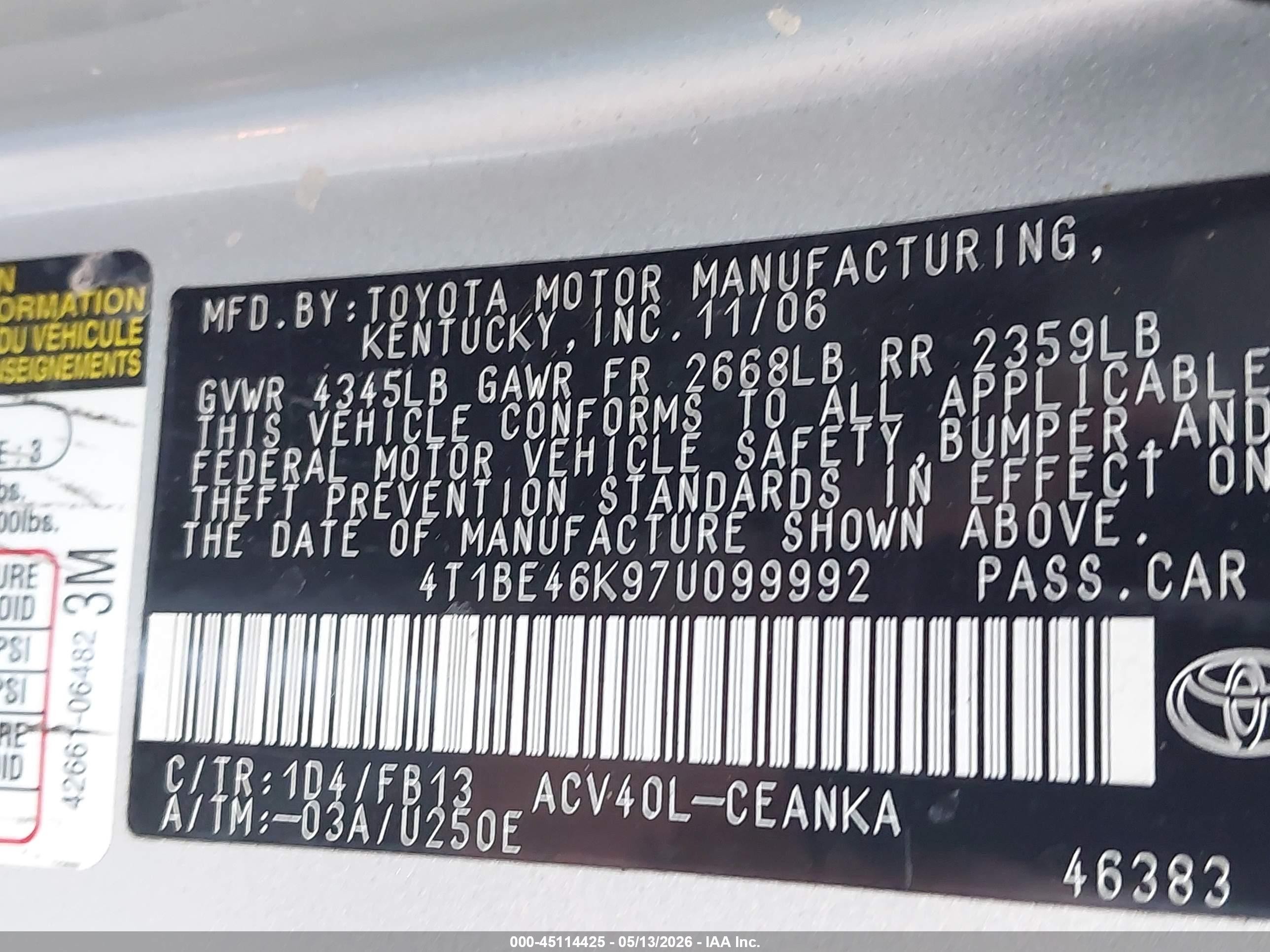 2007 Toyota Camry Le Silver vin: 4T1BE46K97U099992