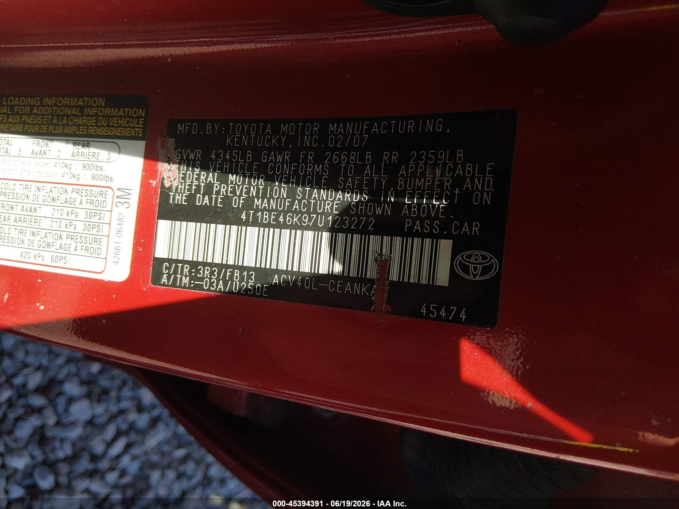 2007 Toyota Camry Le Красный vin: 4T1BE46K97U123272