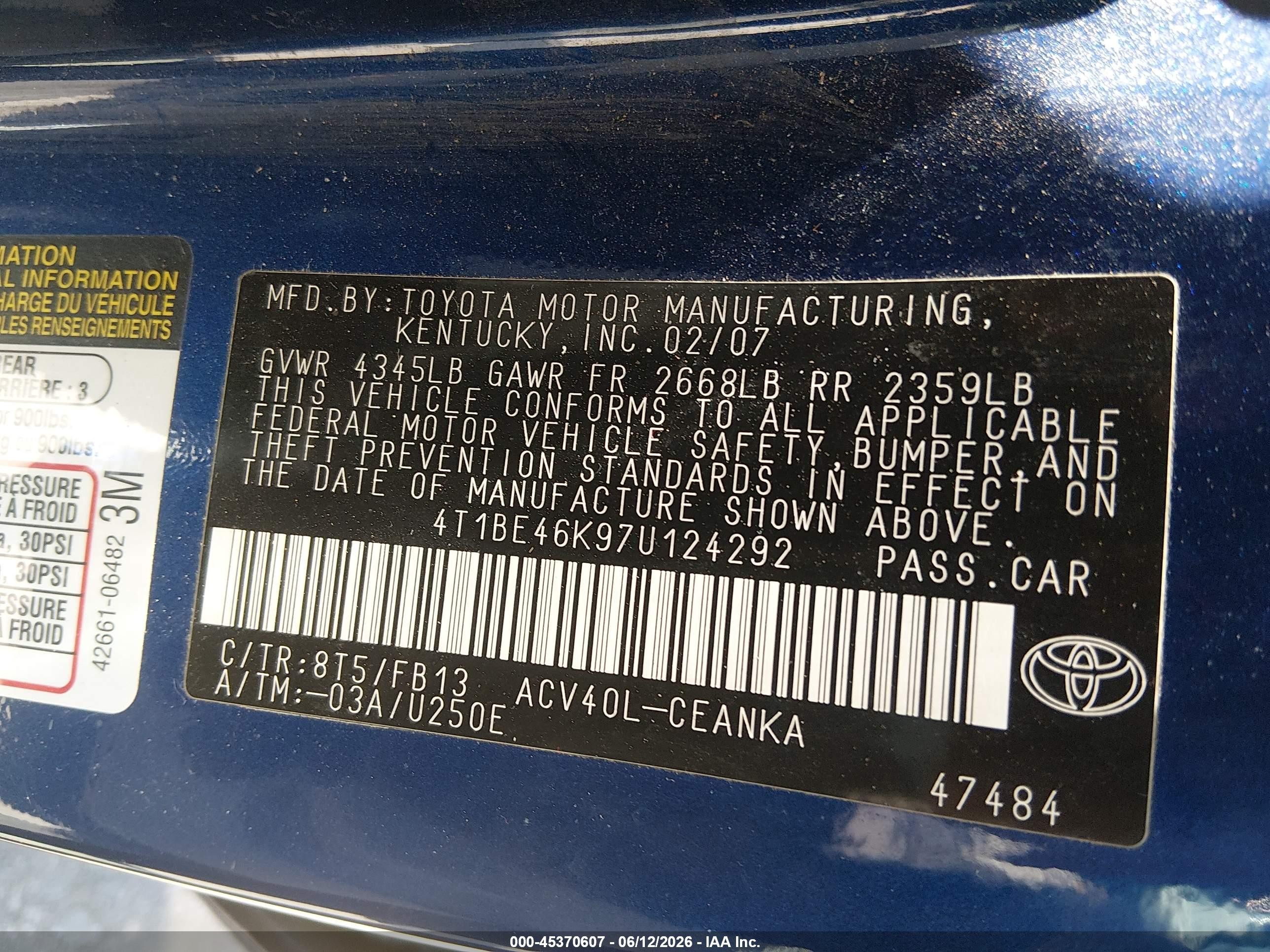 2007 Toyota Camry Ce Blue vin: 4T1BE46K97U124292