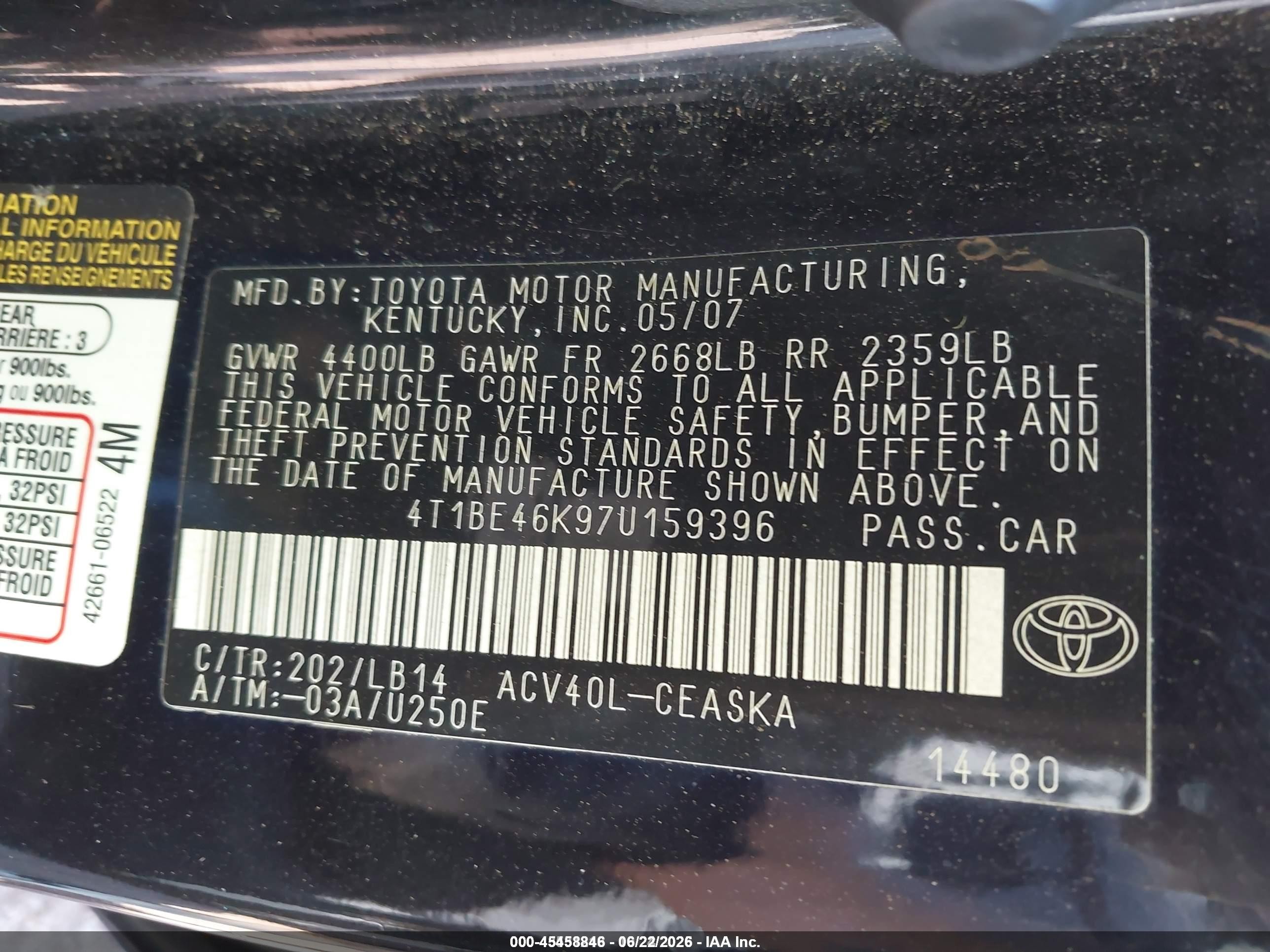 2007 Toyota Camry Se Black vin: 4T1BE46K97U159396