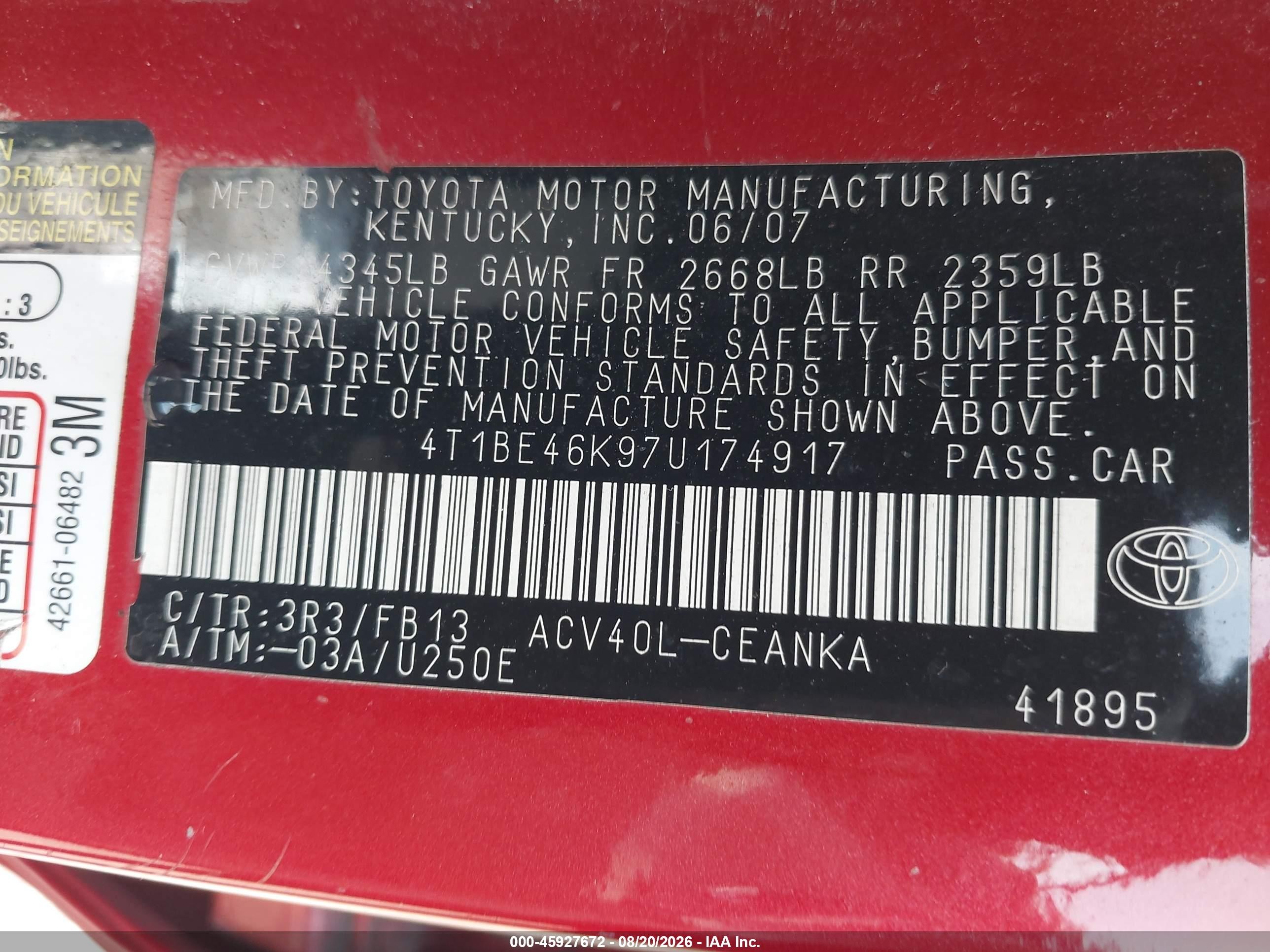 2007 Toyota Camry Le Red vin: 4T1BE46K97U174917
