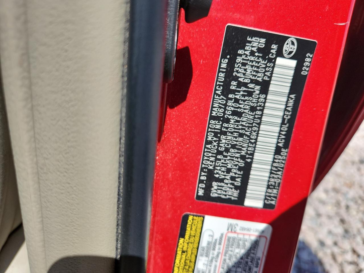 2007 Toyota Camry Le Red vin: 4T1BE46K97U181396