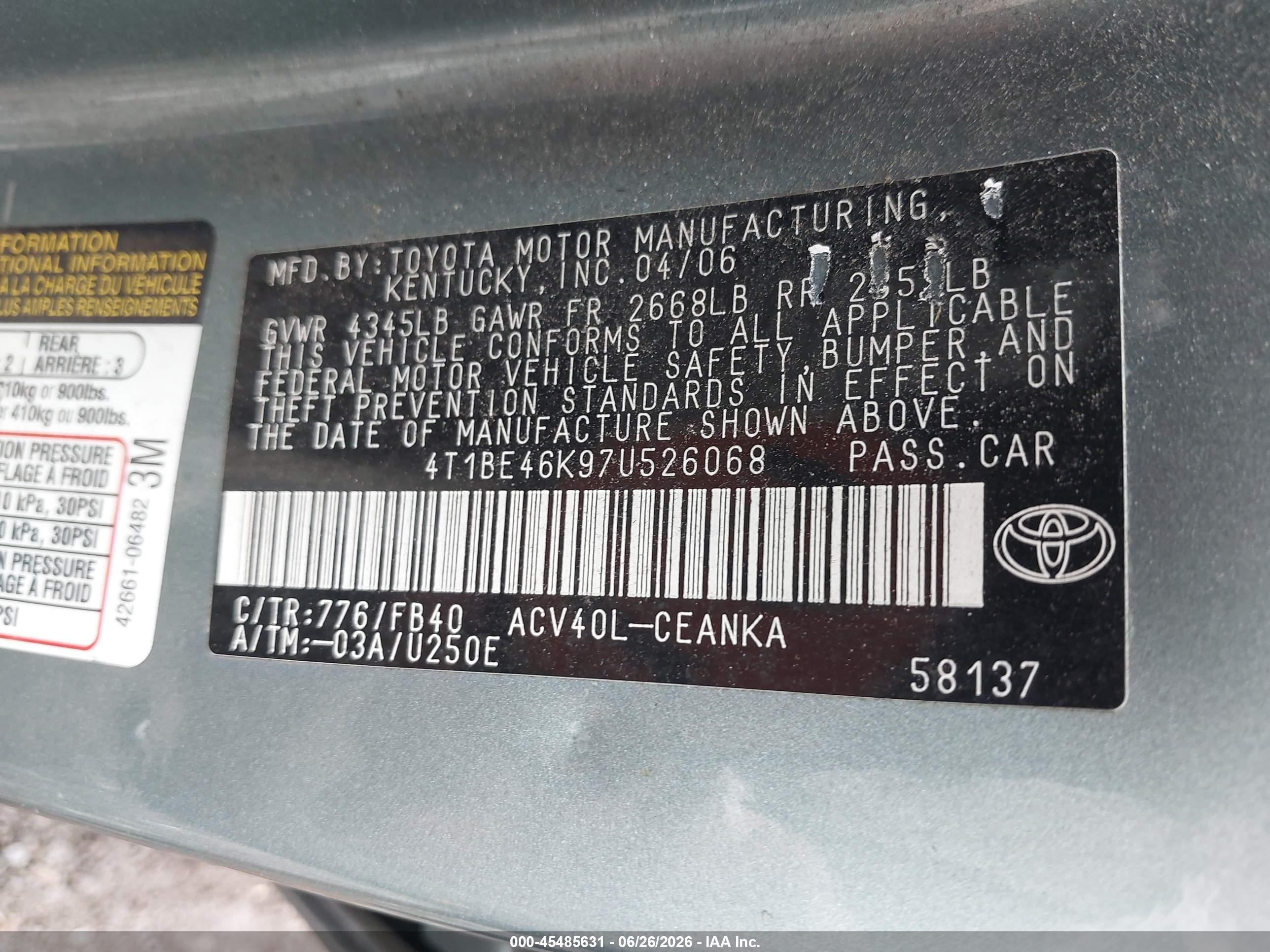 2007 Toyota Camry Le Green vin: 4T1BE46K97U526068
