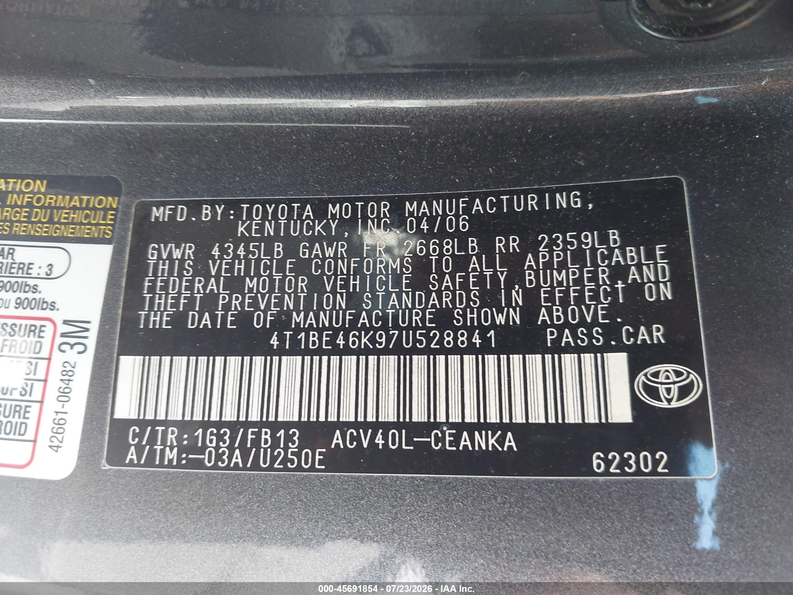 2007 Toyota Camry Le Gray vin: 4T1BE46K97U528841