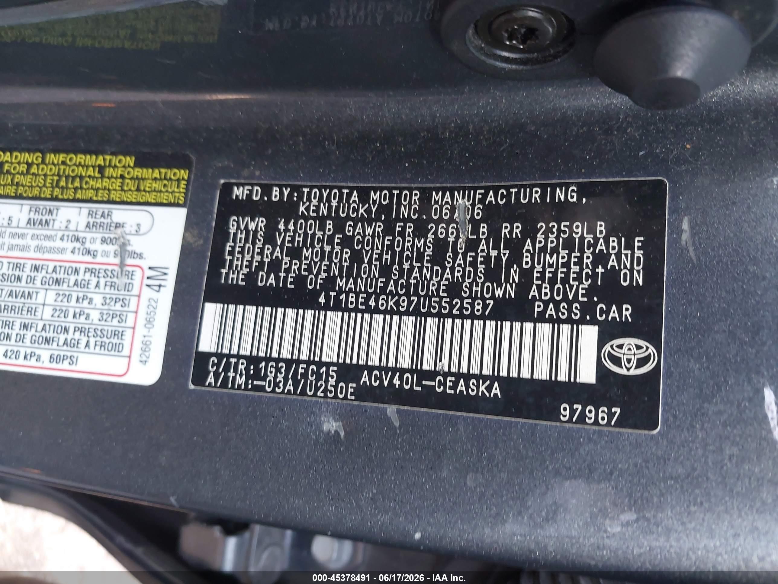 2007 Toyota Camry Se Gray vin: 4T1BE46K97U552587