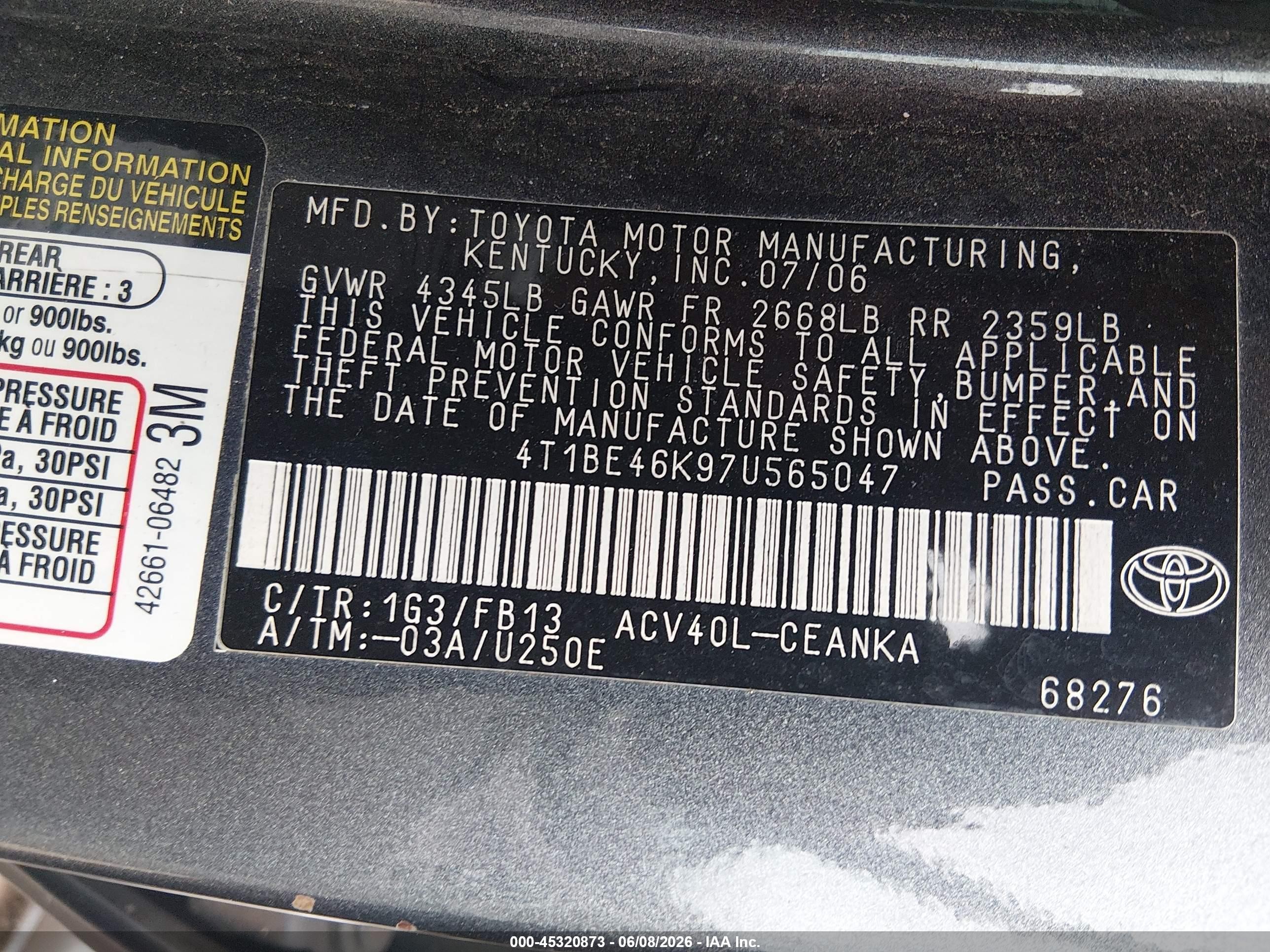 2007 Toyota Camry Le Gray vin: 4T1BE46K97U565047