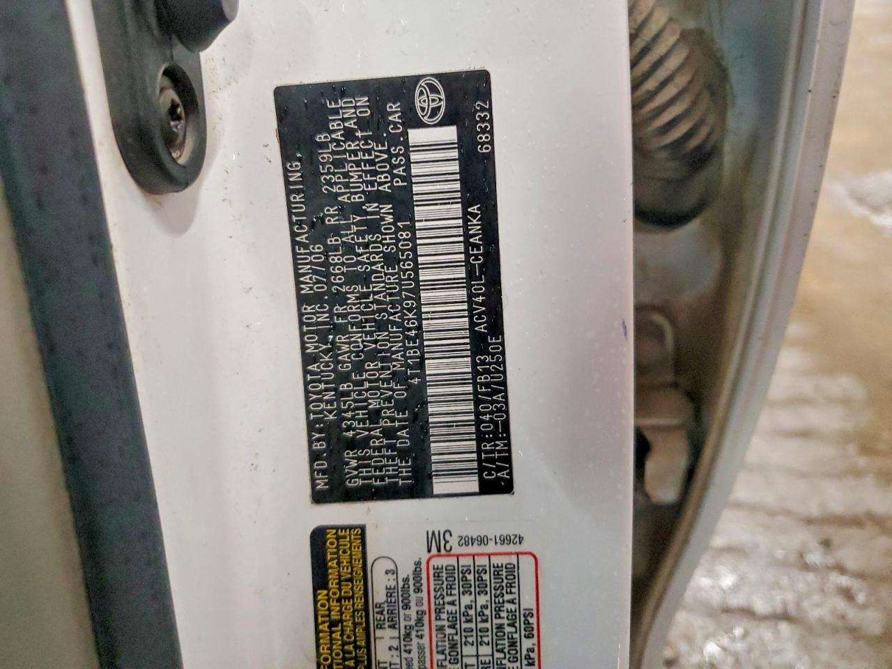 2007 Toyota Camry Le Белый vin: 4T1BE46K97U565081