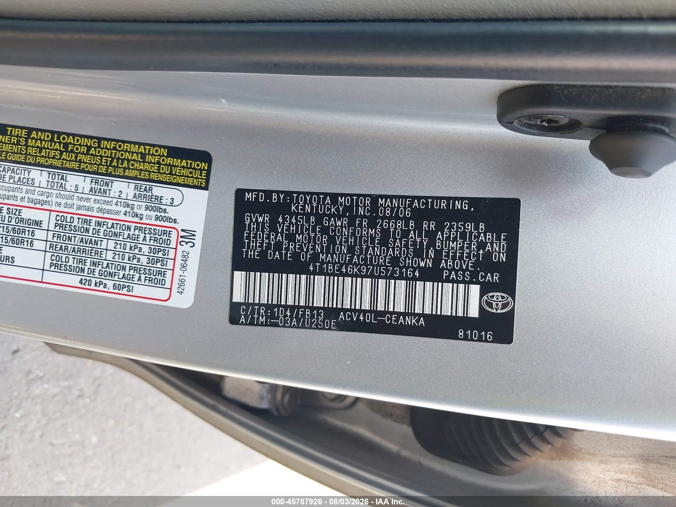 2007 Toyota Camry Le Silver vin: 4T1BE46K97U573164