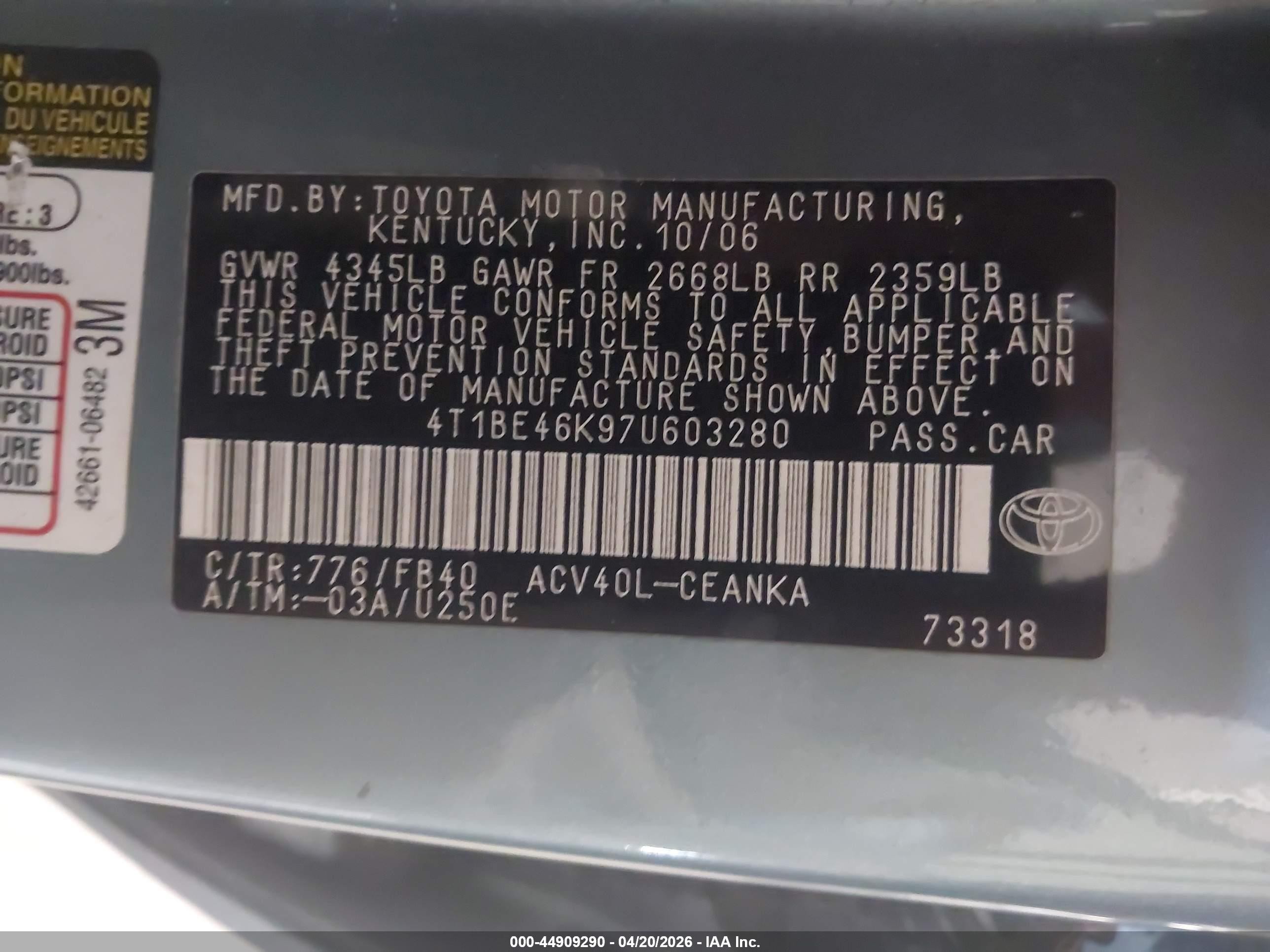 2007 Toyota Camry Le Light Blue vin: 4T1BE46K97U603280
