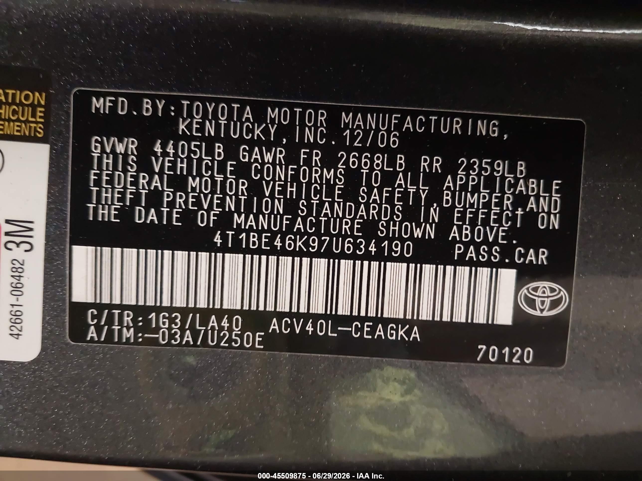 2007 Toyota Camry Xle Gray vin: 4T1BE46K97U634190