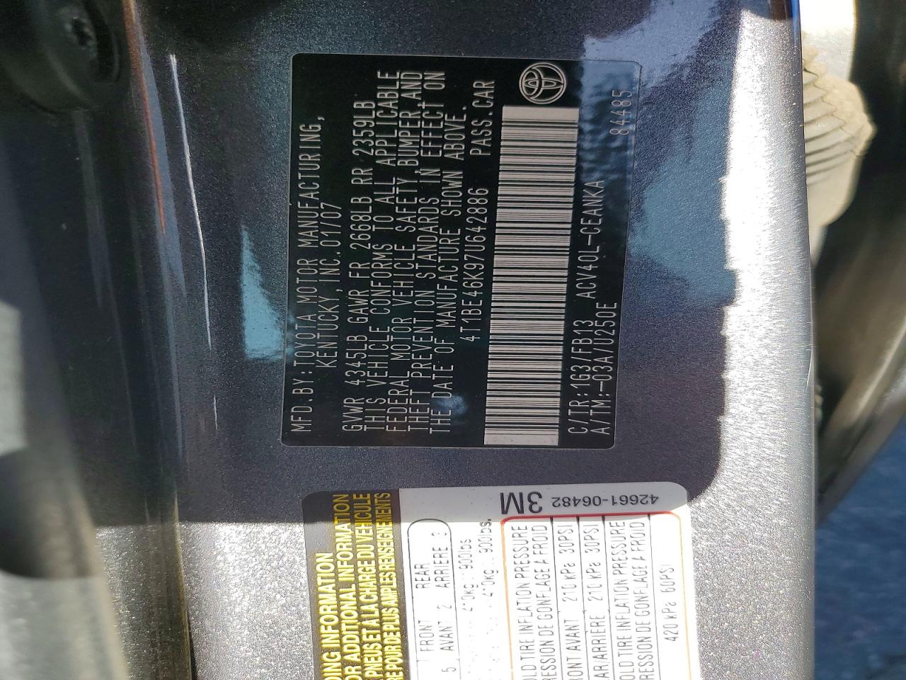 2007 Toyota Camry Le Серый vin: 4T1BE46K97U642886