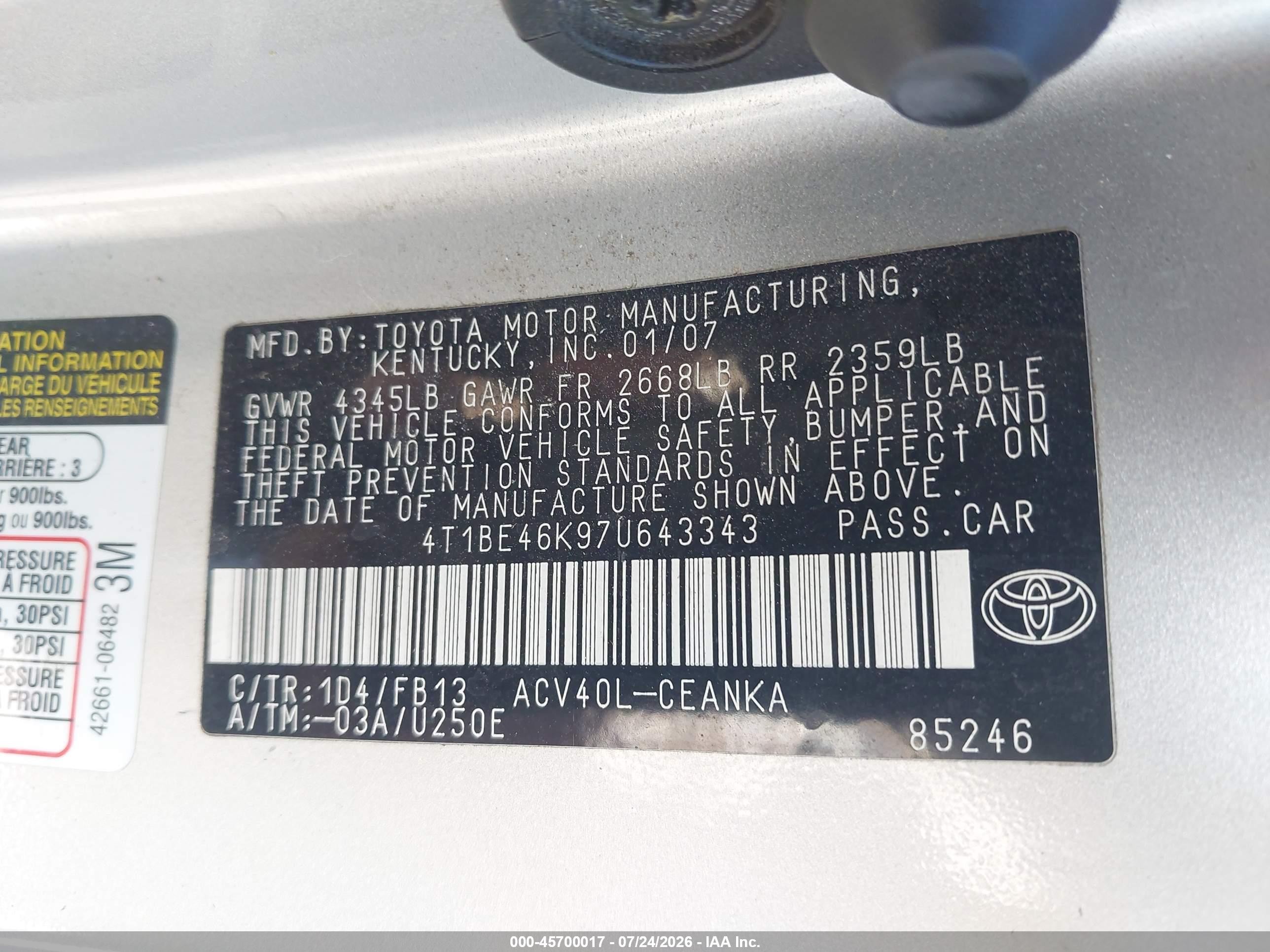 2007 Toyota Camry Le Silver vin: 4T1BE46K97U643343