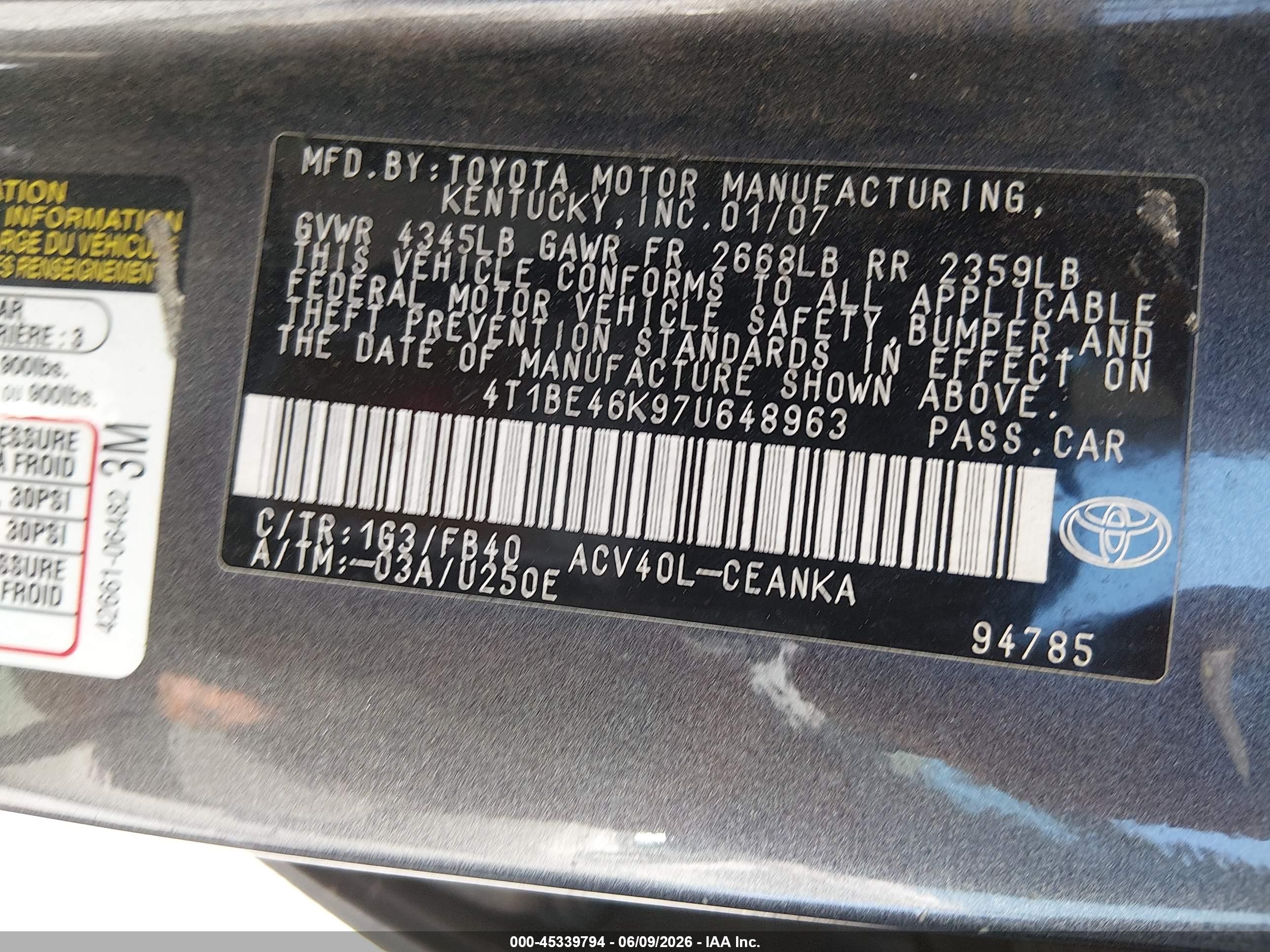 2007 Toyota Camry Le Gray vin: 4T1BE46K97U648963