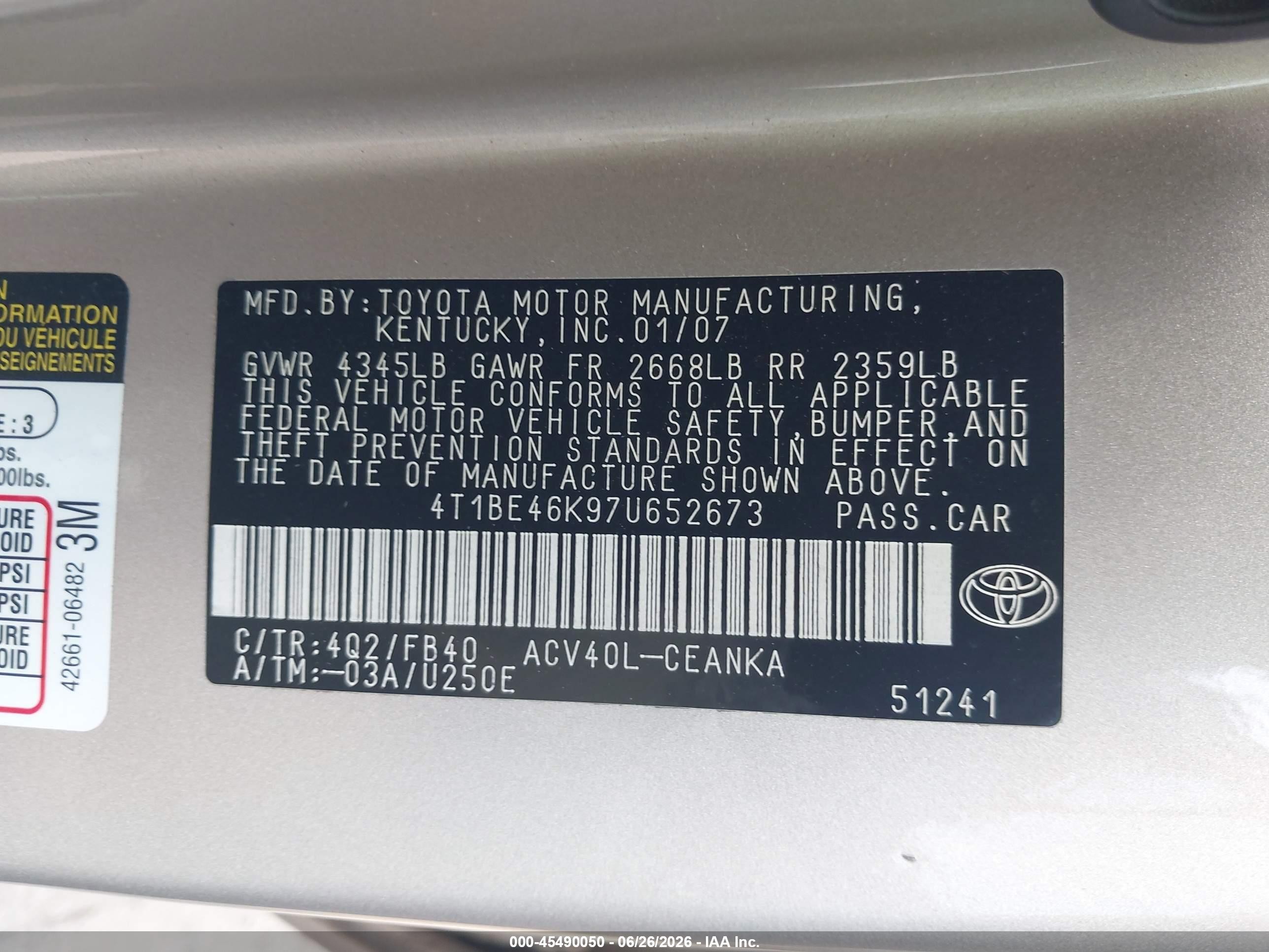 2007 Toyota Camry Le Золотой vin: 4T1BE46K97U652673