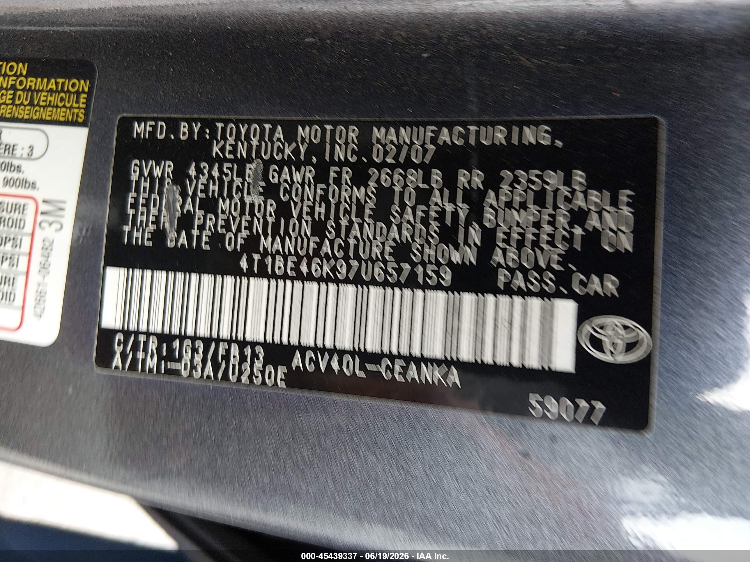 2007 Toyota Camry Le Gray vin: 4T1BE46K97U657159