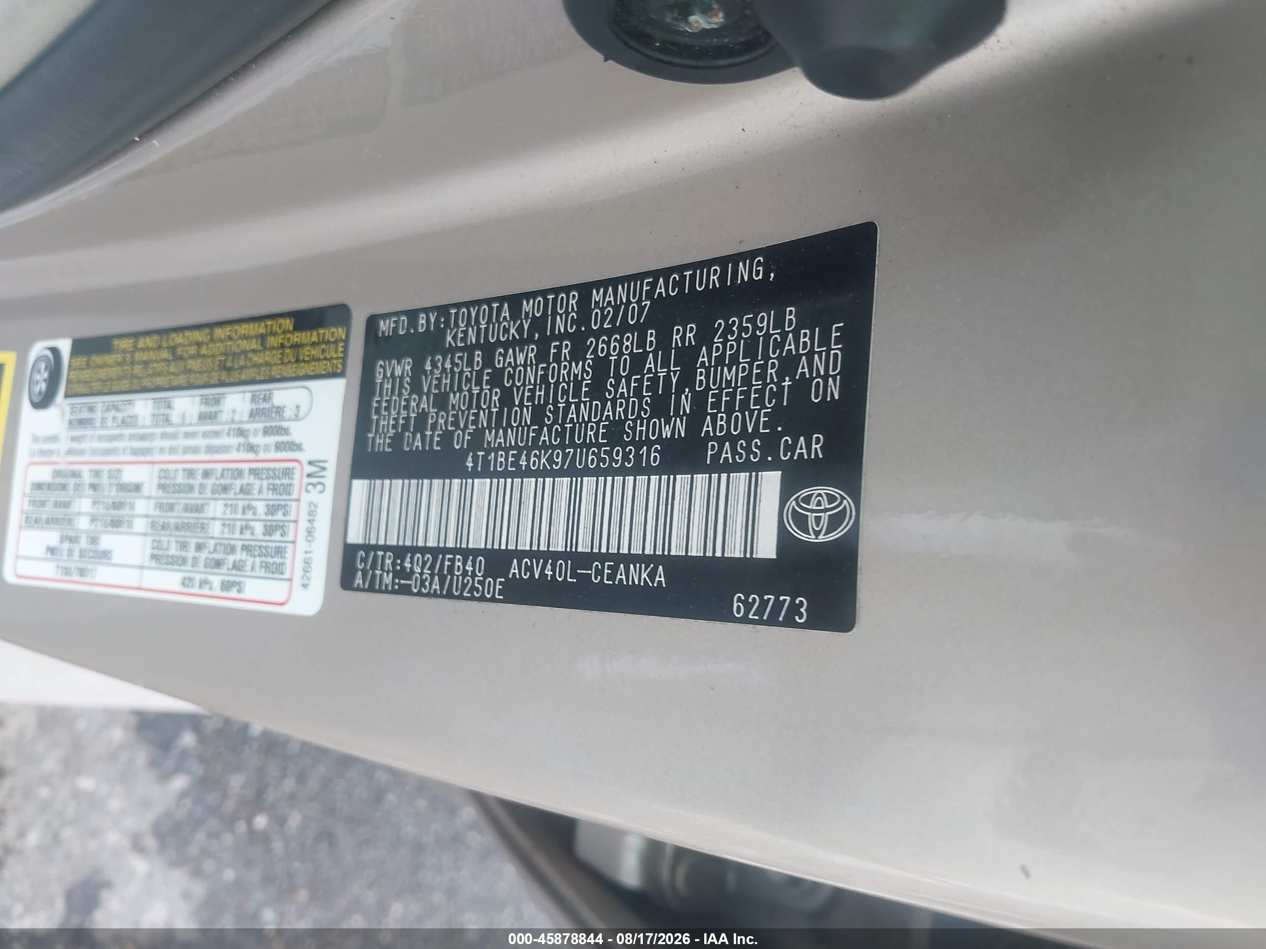 2007 Toyota Camry Le Gold vin: 4T1BE46K97U659316