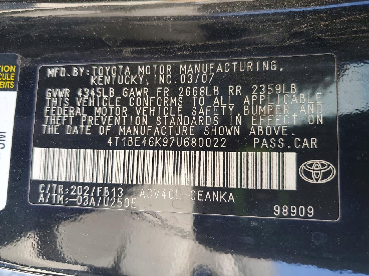 2007 Toyota Camry Ce Black vin: 4T1BE46K97U680022