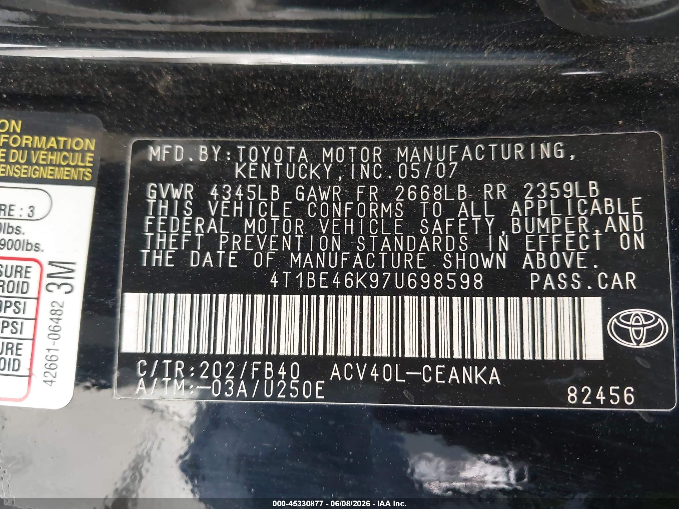 2007 Toyota Camry Le Черный vin: 4T1BE46K97U698598