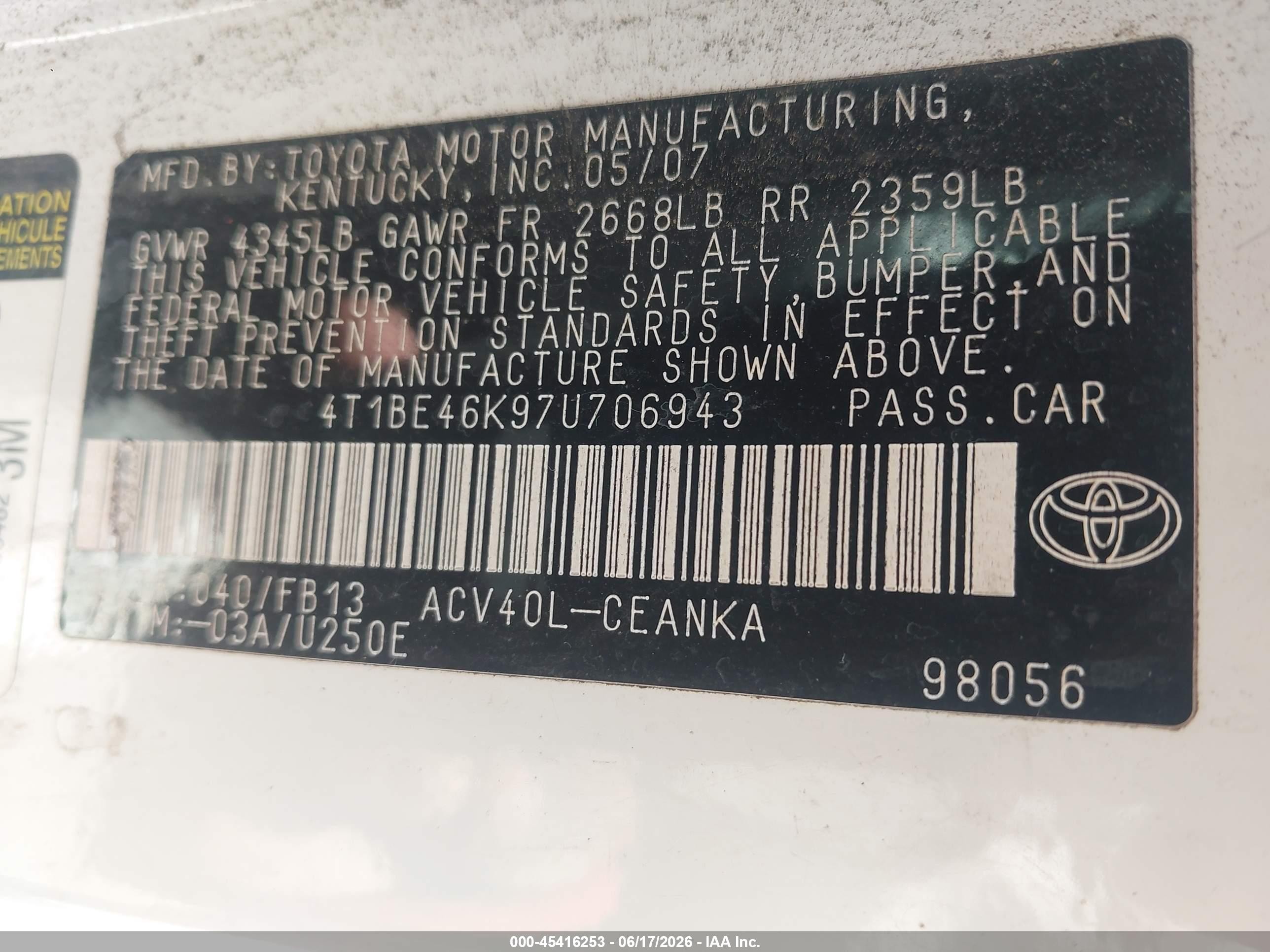 2007 Toyota Camry Le Белый vin: 4T1BE46K97U706943